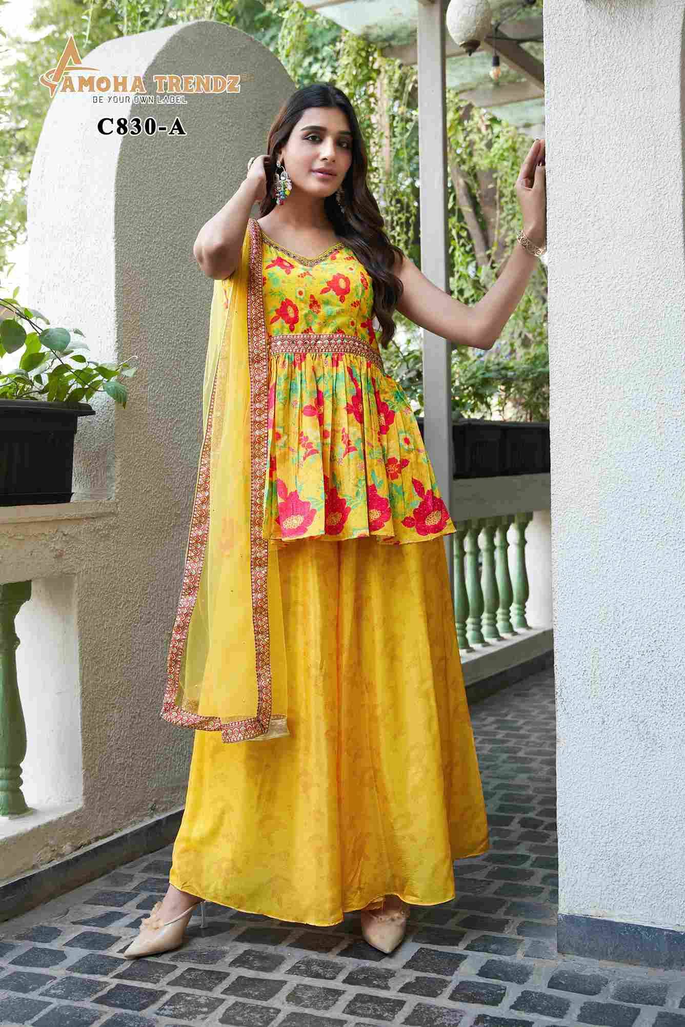C-830-A By Amoha Trendz Designer Stylish Fancy Colorful Beautiful Party Wear & Ethnic Wear Collection Chiffon Crop Tops With Bottom And Dupatta At Wholesale Price