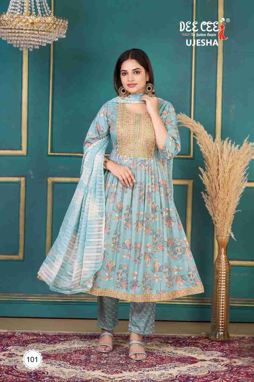 Ujesha By Dee Cee 101 To 106 Series Beautiful Anarkali Suits Stylish Fancy Colorful Casual Wear & Ethnic Wear Rayon Foil Dresses At Wholesale Price