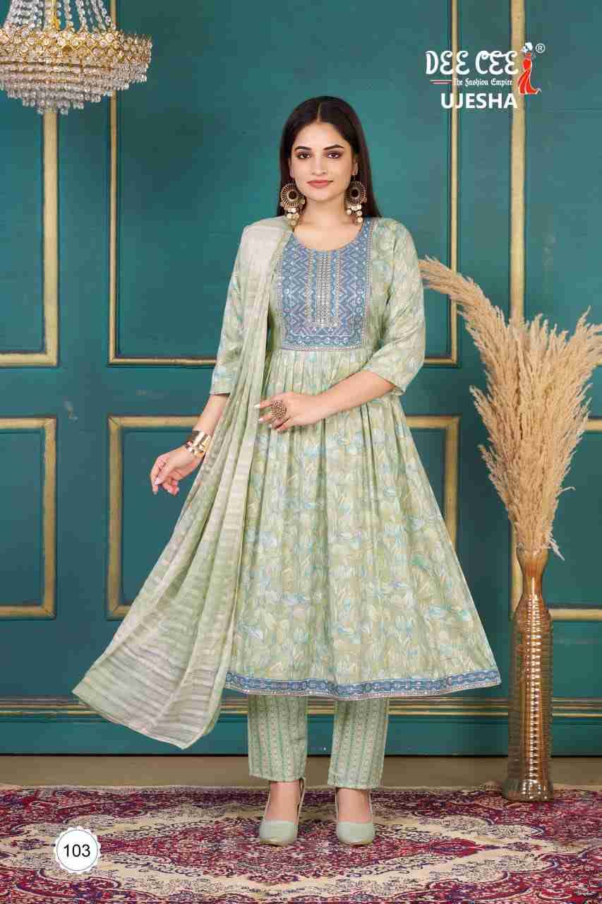 Ujesha By Dee Cee 101 To 106 Series Beautiful Anarkali Suits Stylish Fancy Colorful Casual Wear & Ethnic Wear Rayon Foil Dresses At Wholesale Price