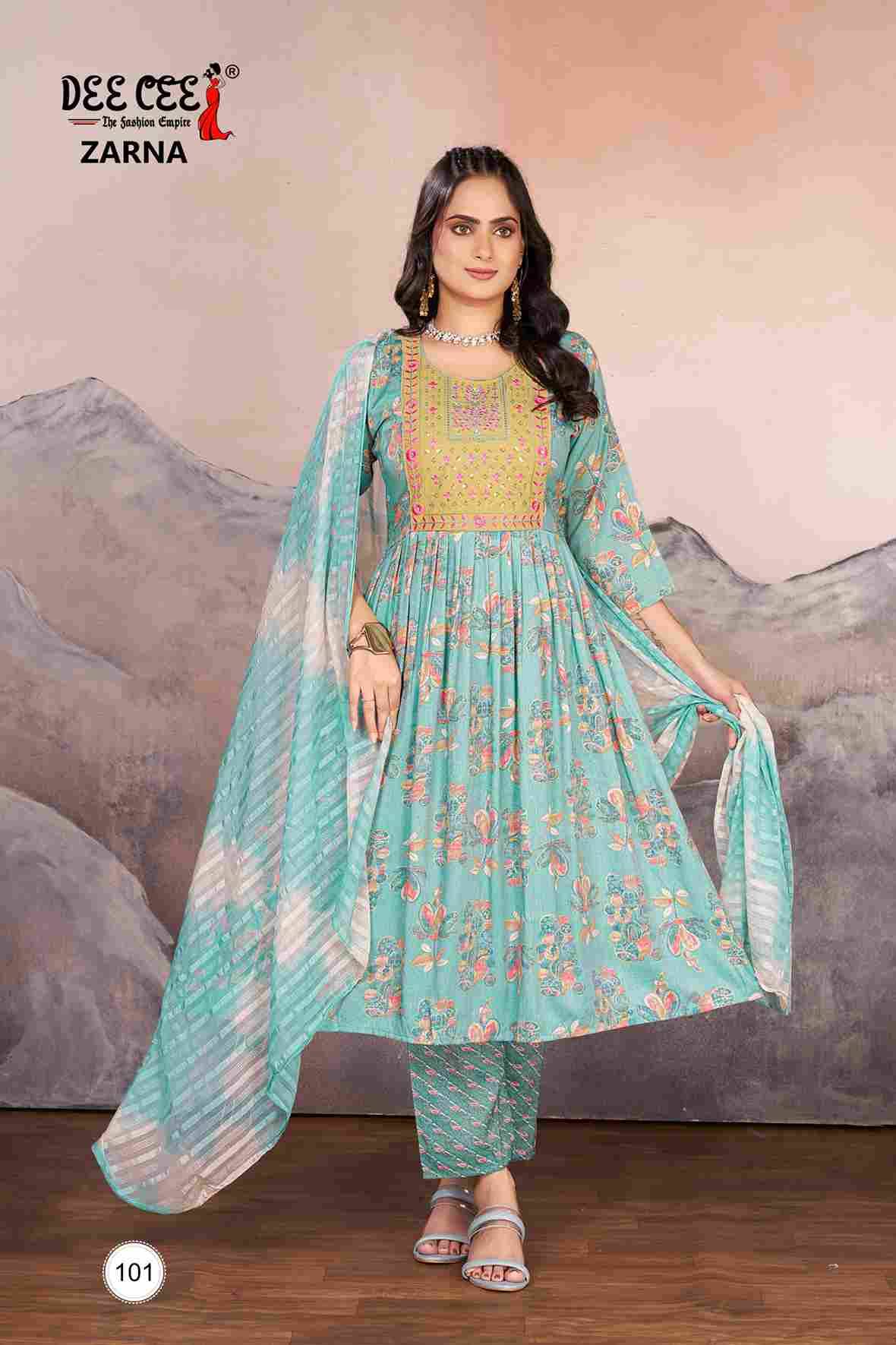 Zarna By Dee Cee 101 To 106 Series Beautiful Anarkali Suits Stylish Fancy Colorful Casual Wear & Ethnic Wear Rayon Foil Dresses At Wholesale Price