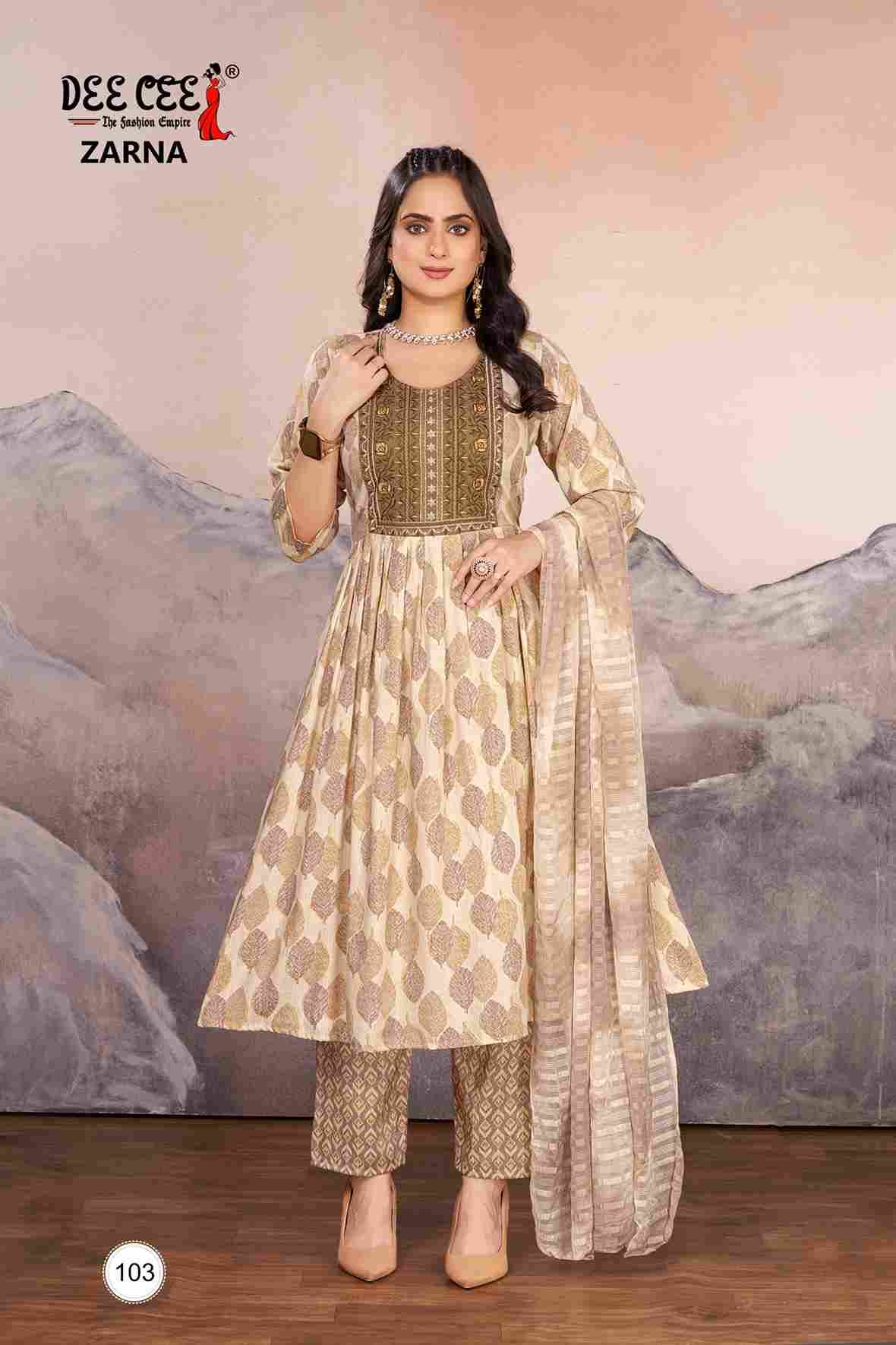 Zarna By Dee Cee 101 To 106 Series Beautiful Anarkali Suits Stylish Fancy Colorful Casual Wear & Ethnic Wear Rayon Foil Dresses At Wholesale Price