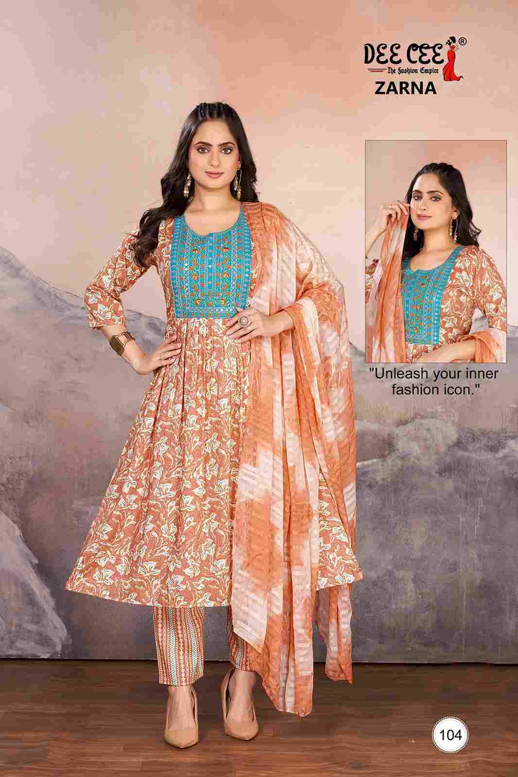 Zarna By Dee Cee 101 To 106 Series Beautiful Anarkali Suits Stylish Fancy Colorful Casual Wear & Ethnic Wear Rayon Foil Dresses At Wholesale Price