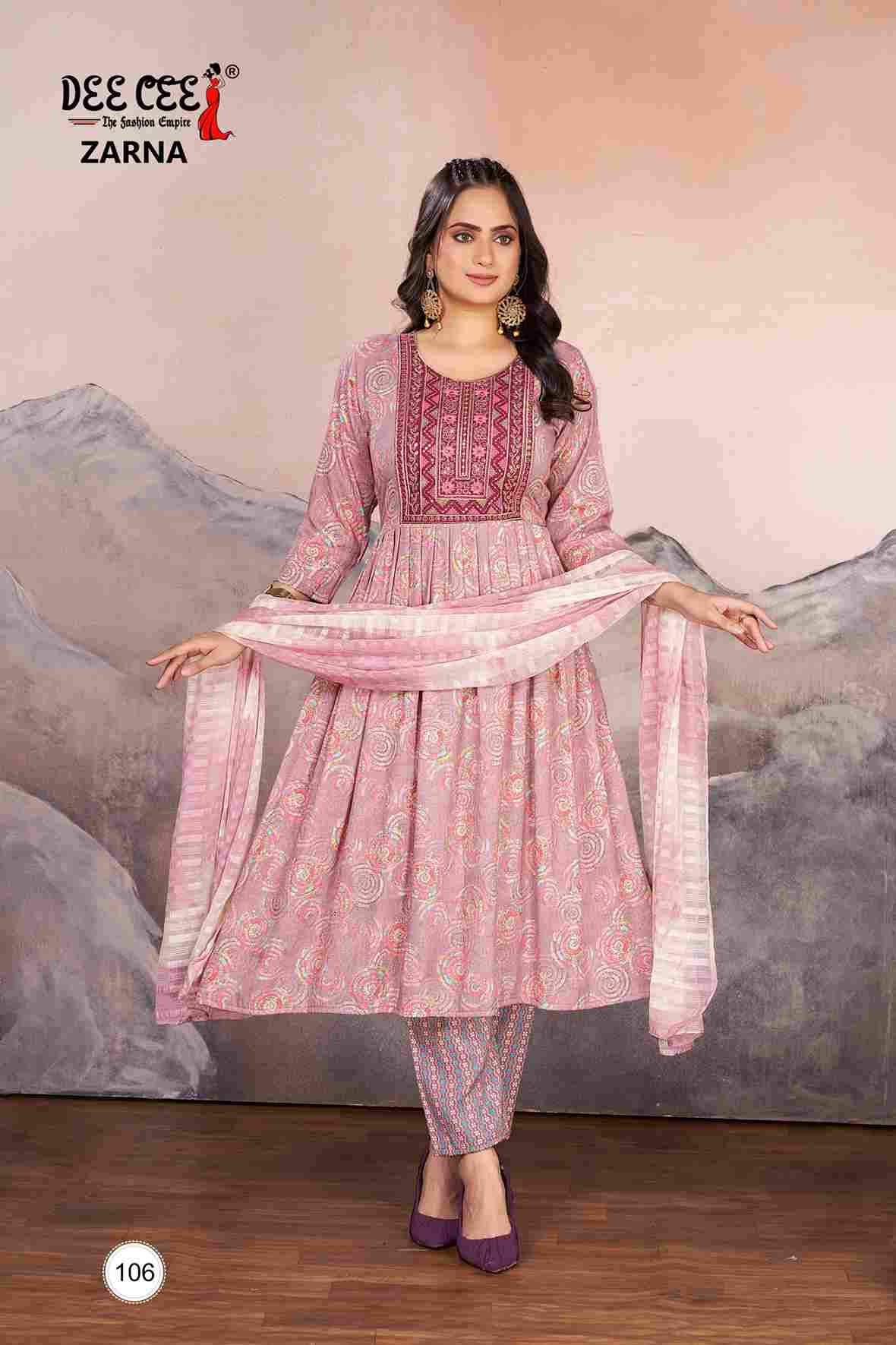 Zarna By Dee Cee 101 To 106 Series Beautiful Anarkali Suits Stylish Fancy Colorful Casual Wear & Ethnic Wear Rayon Foil Dresses At Wholesale Price