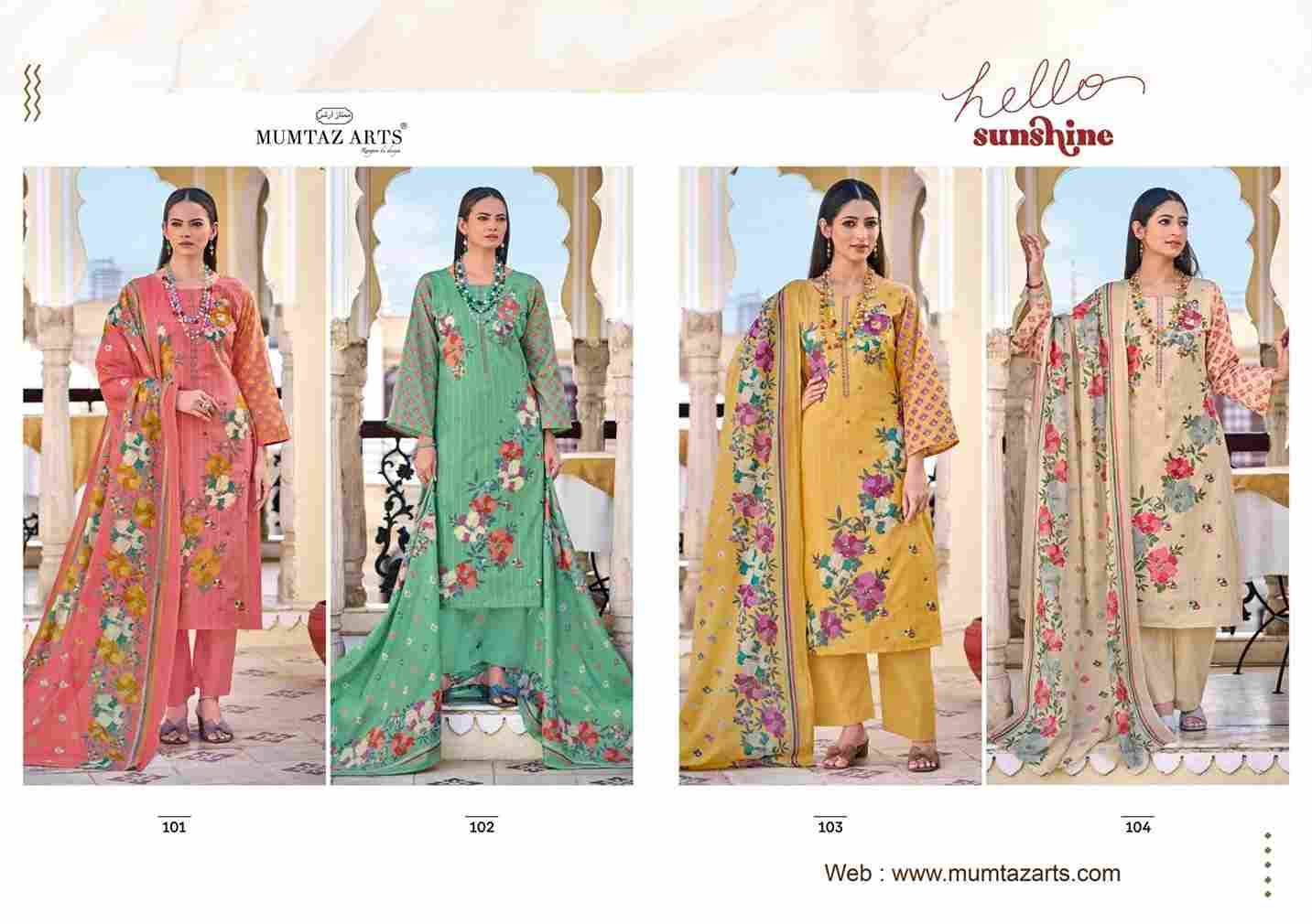 Hello Sunshine By Mumtaz Arts 101 To 104 Series Beautiful Festive Suits Colorful Stylish Fancy Casual Wear & Ethnic Wear Pure Cambric Dresses At Wholesale Price