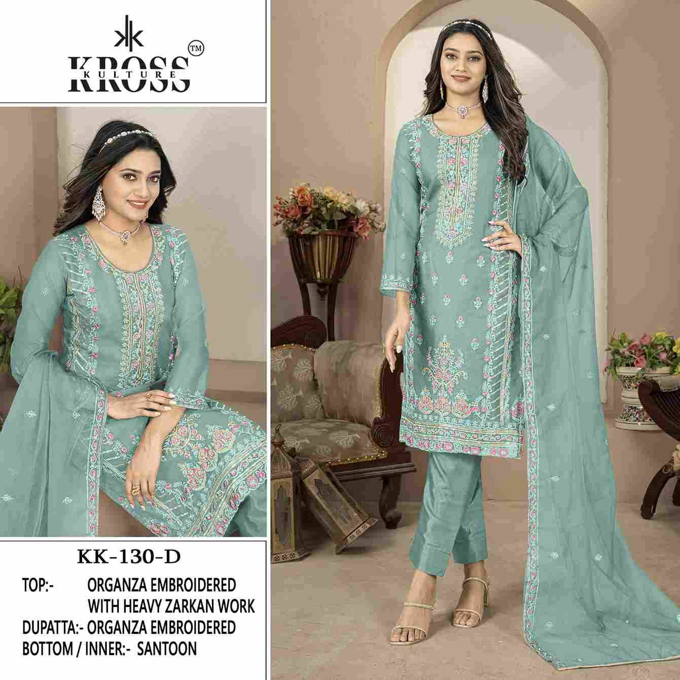 Kross Kulture Hit Design 130 Colours By Kross Kulture 130-A To 130-D Series Beautiful Pakistani Suits Colorful Stylish Fancy Casual Wear & Ethnic Wear Organza Embroidered Dresses At Wholesale Price