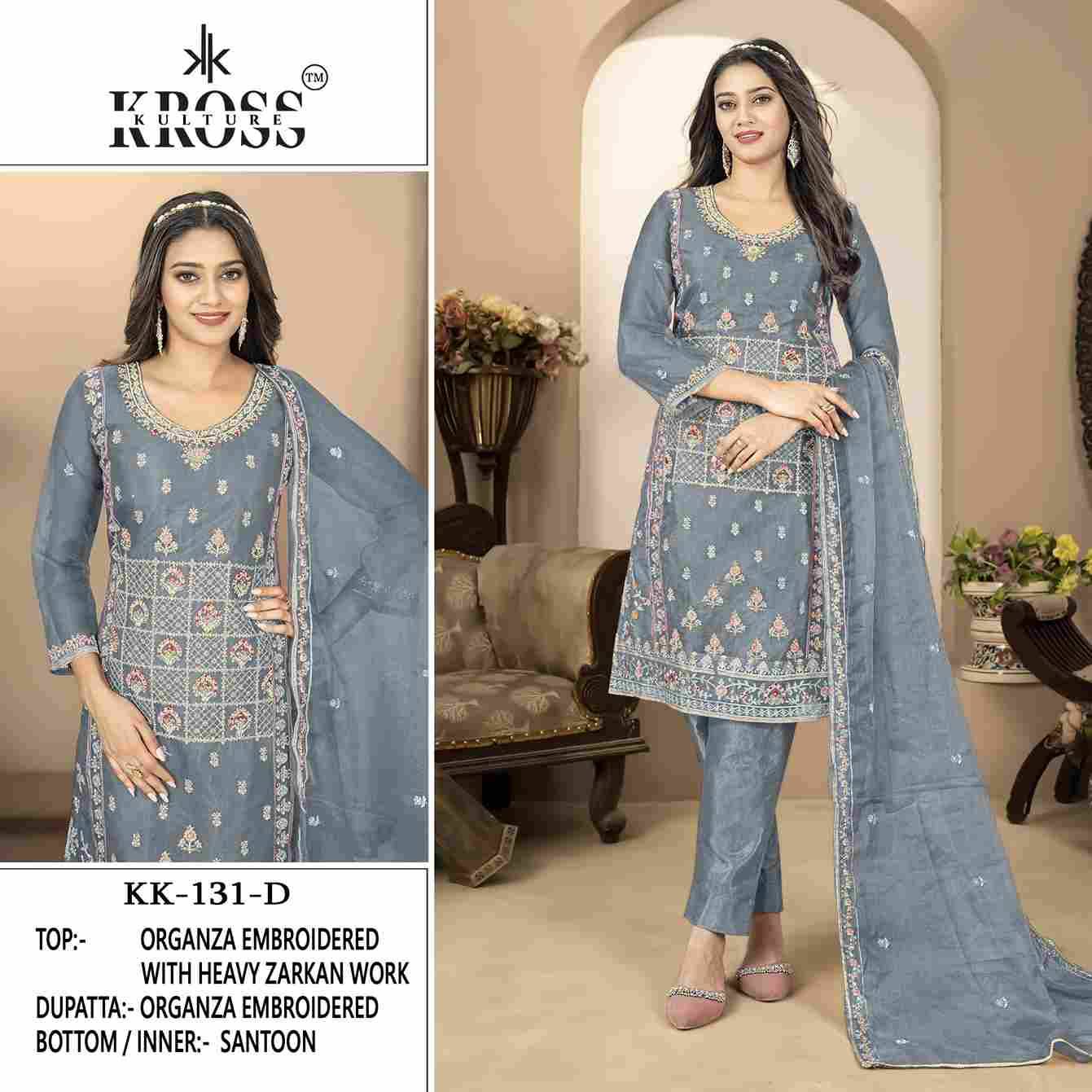 Kross Kulture Hit Design 131 Colours By Kross Kulture 131-A To 131-D Series Beautiful Pakistani Suits Colorful Stylish Fancy Casual Wear & Ethnic Wear Organza Embroidered Dresses At Wholesale Price