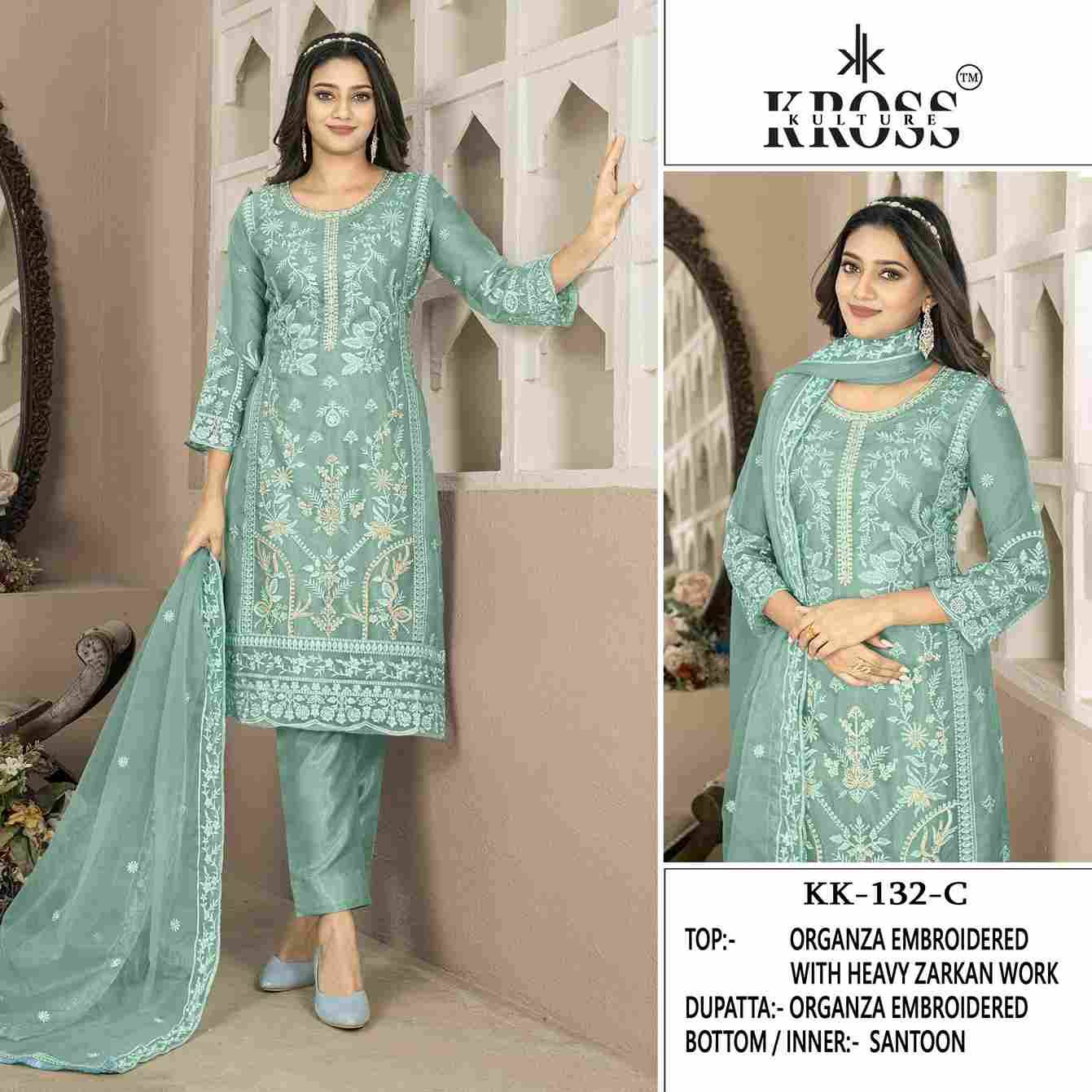 Kross Kulture Hit Design 132 Colours By Kross Kulture 132-A To 132-D Series Beautiful Pakistani Suits Colorful Stylish Fancy Casual Wear & Ethnic Wear Organza Embroidered Dresses At Wholesale Price