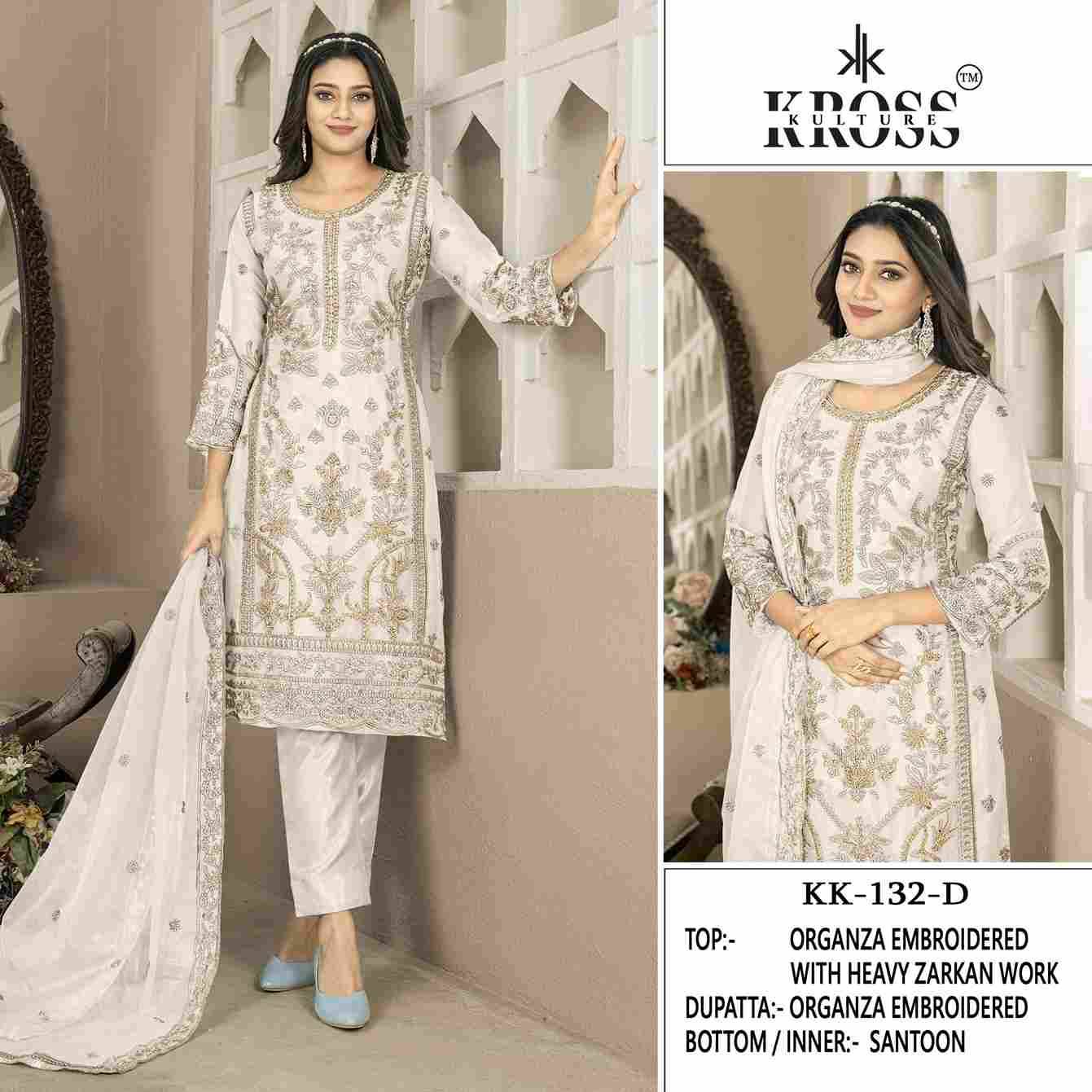Kross Kulture Hit Design 132 Colours By Kross Kulture 132-A To 132-D Series Beautiful Pakistani Suits Colorful Stylish Fancy Casual Wear & Ethnic Wear Organza Embroidered Dresses At Wholesale Price
