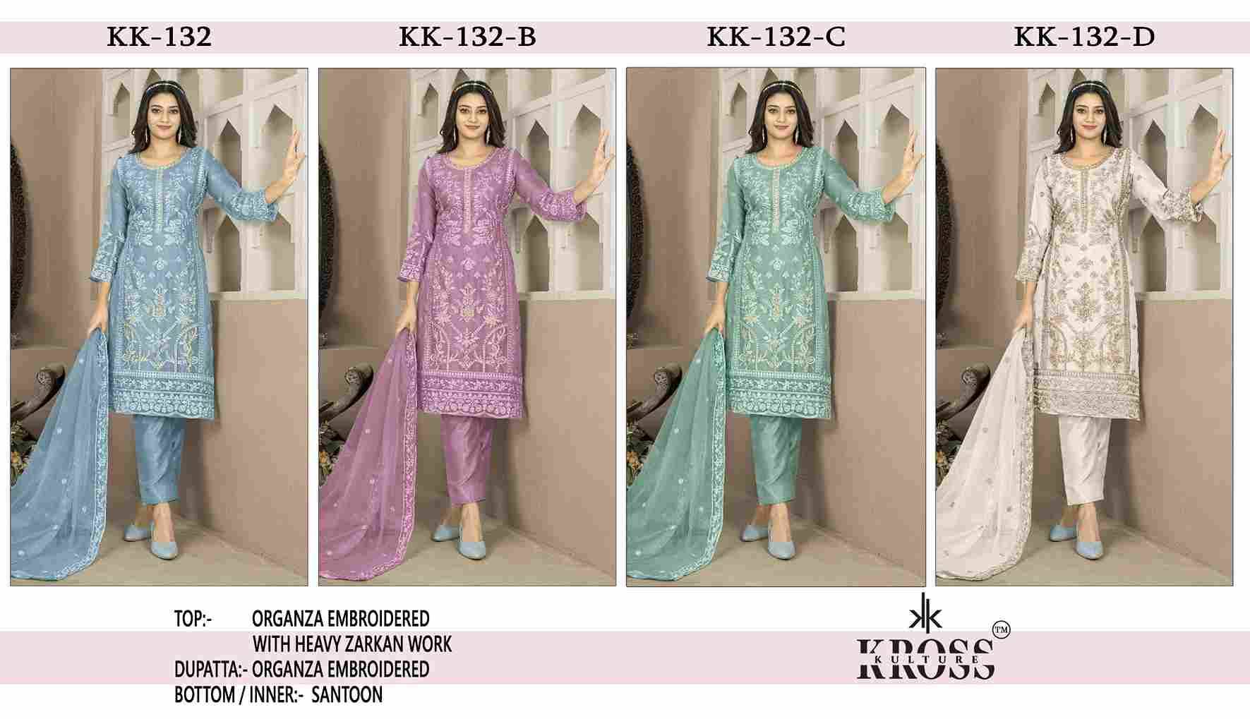 Kross Kulture Hit Design 132 Colours By Kross Kulture 132-A To 132-D Series Beautiful Pakistani Suits Colorful Stylish Fancy Casual Wear & Ethnic Wear Organza Embroidered Dresses At Wholesale Price