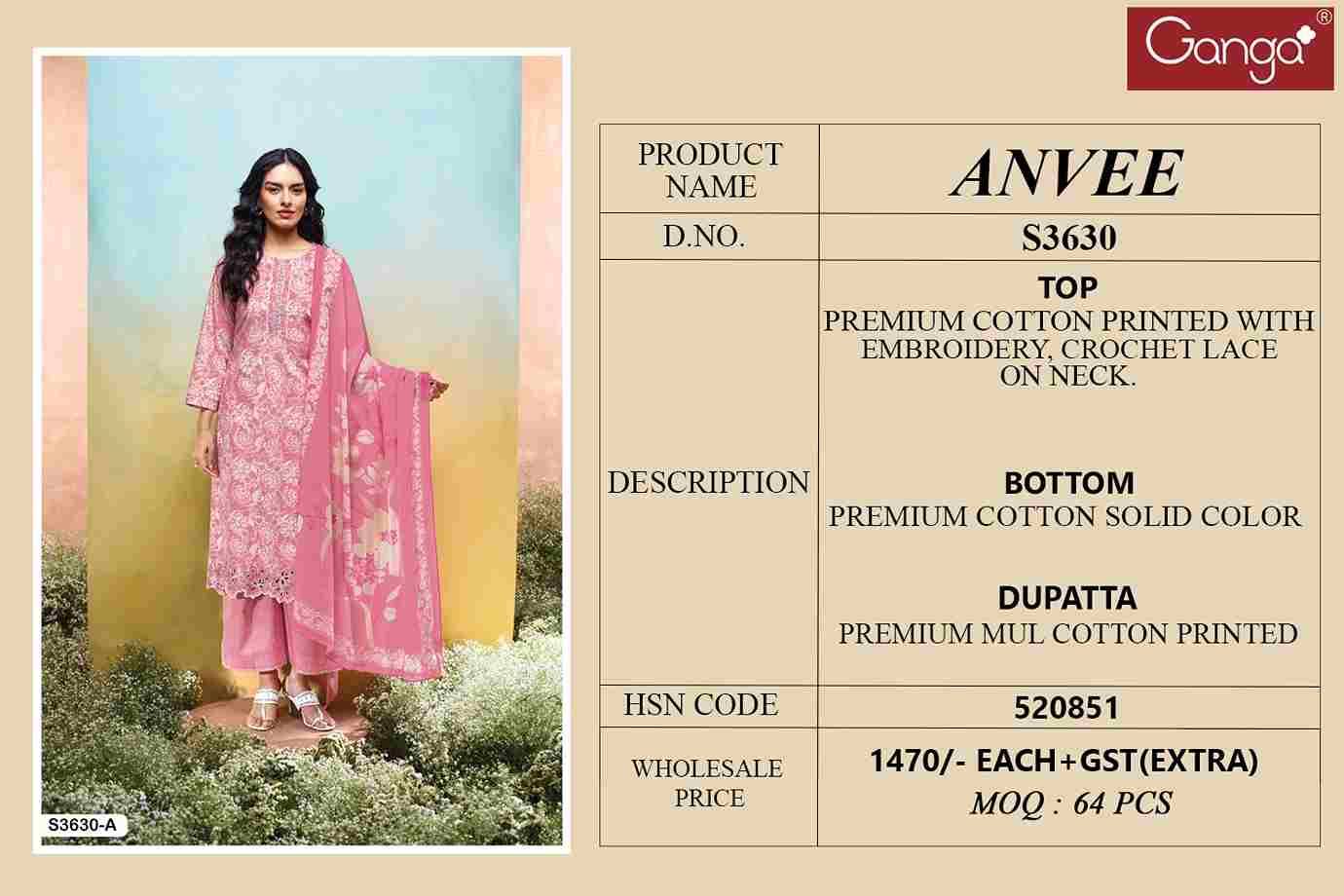 Anvee-3630 By Ganga Fashion 3630-A To 3630-D Series Beautiful Festive Suits Colorful Stylish Fancy Casual Wear & Ethnic Wear Premium Cotton Dresses At Wholesale Price