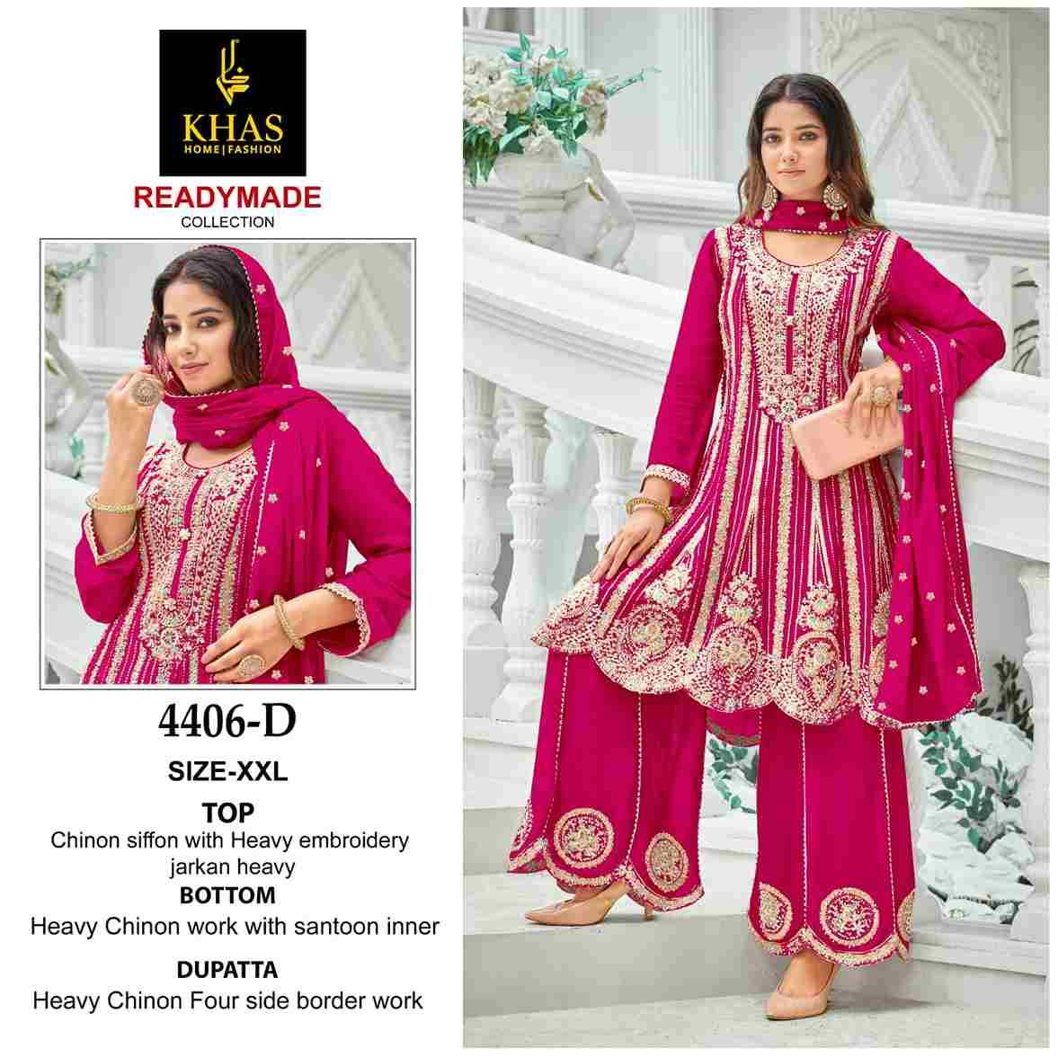 Khas 4406 Colours Vol-2 By Khas 4406-D To 4406-F Series Beautiful Pakistani Suits Colorful Stylish Fancy Casual Wear & Ethnic Wear Chinnon Chiffon Embroidered Dresses At Wholesale Price