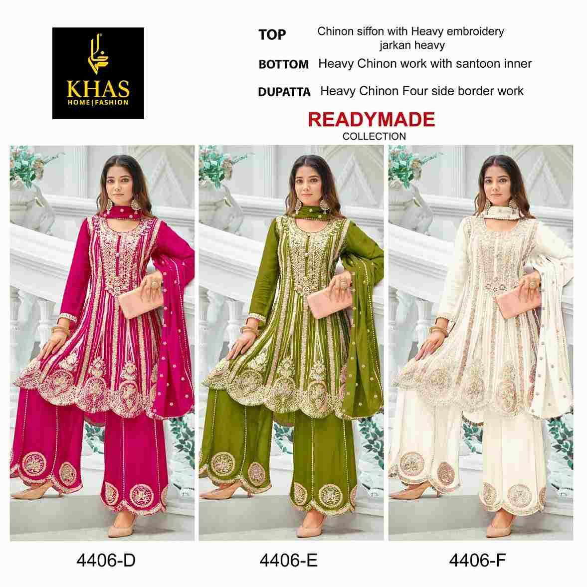 Khas 4406 Colours Vol-2 By Khas 4406-D To 4406-F Series Beautiful Pakistani Suits Colorful Stylish Fancy Casual Wear & Ethnic Wear Chinnon Chiffon Embroidered Dresses At Wholesale Price