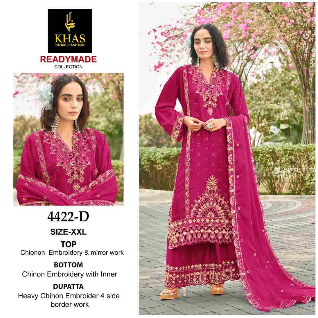 Khas 4422 Colours By Khas 4422-A To 4422-D Series Beautiful Pakistani Suits Colorful Stylish Fancy Casual Wear & Ethnic Wear Chinnon Embroidered Dresses At Wholesale Price