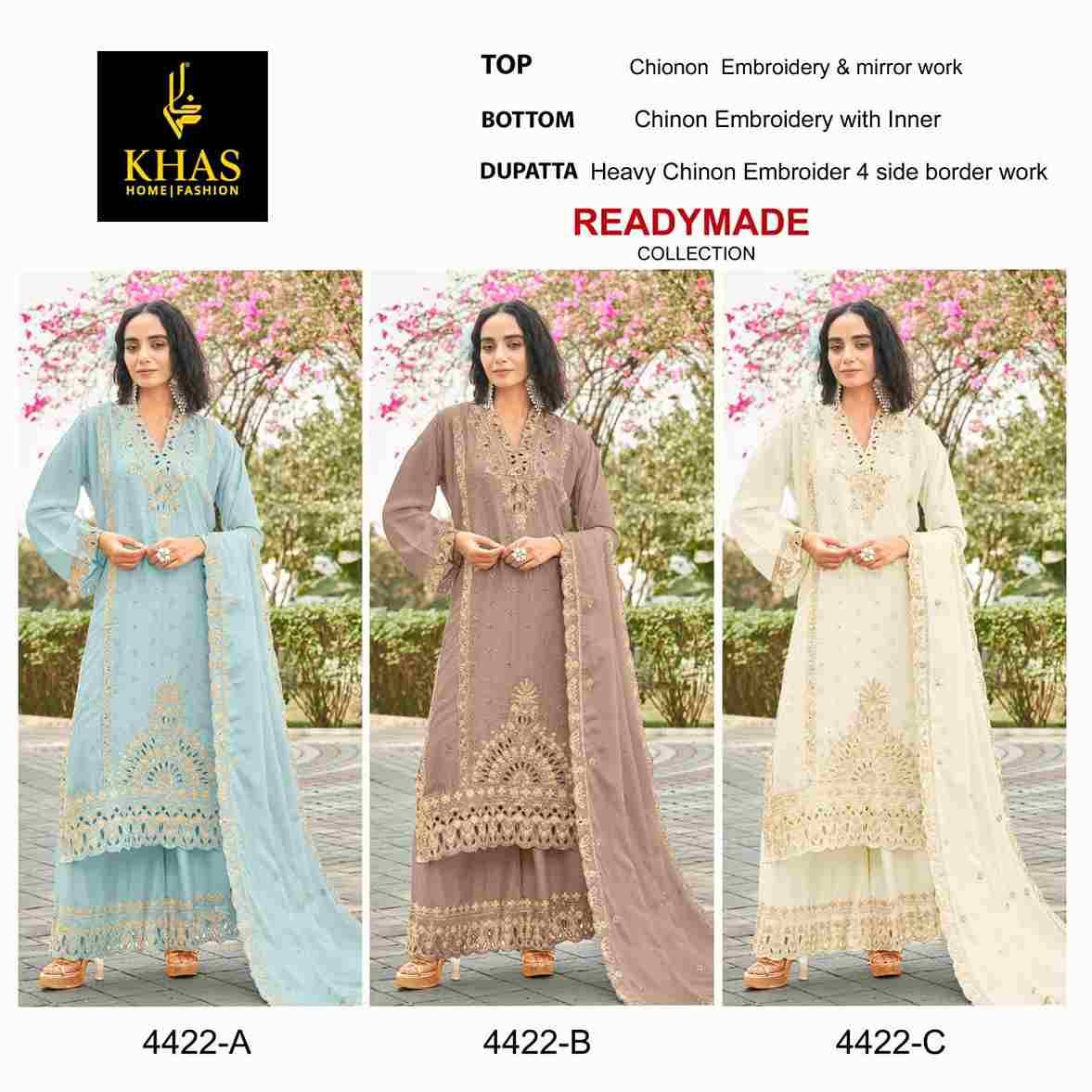 Khas 4422 Colours By Khas 4422-A To 4422-D Series Beautiful Pakistani Suits Colorful Stylish Fancy Casual Wear & Ethnic Wear Chinnon Embroidered Dresses At Wholesale Price