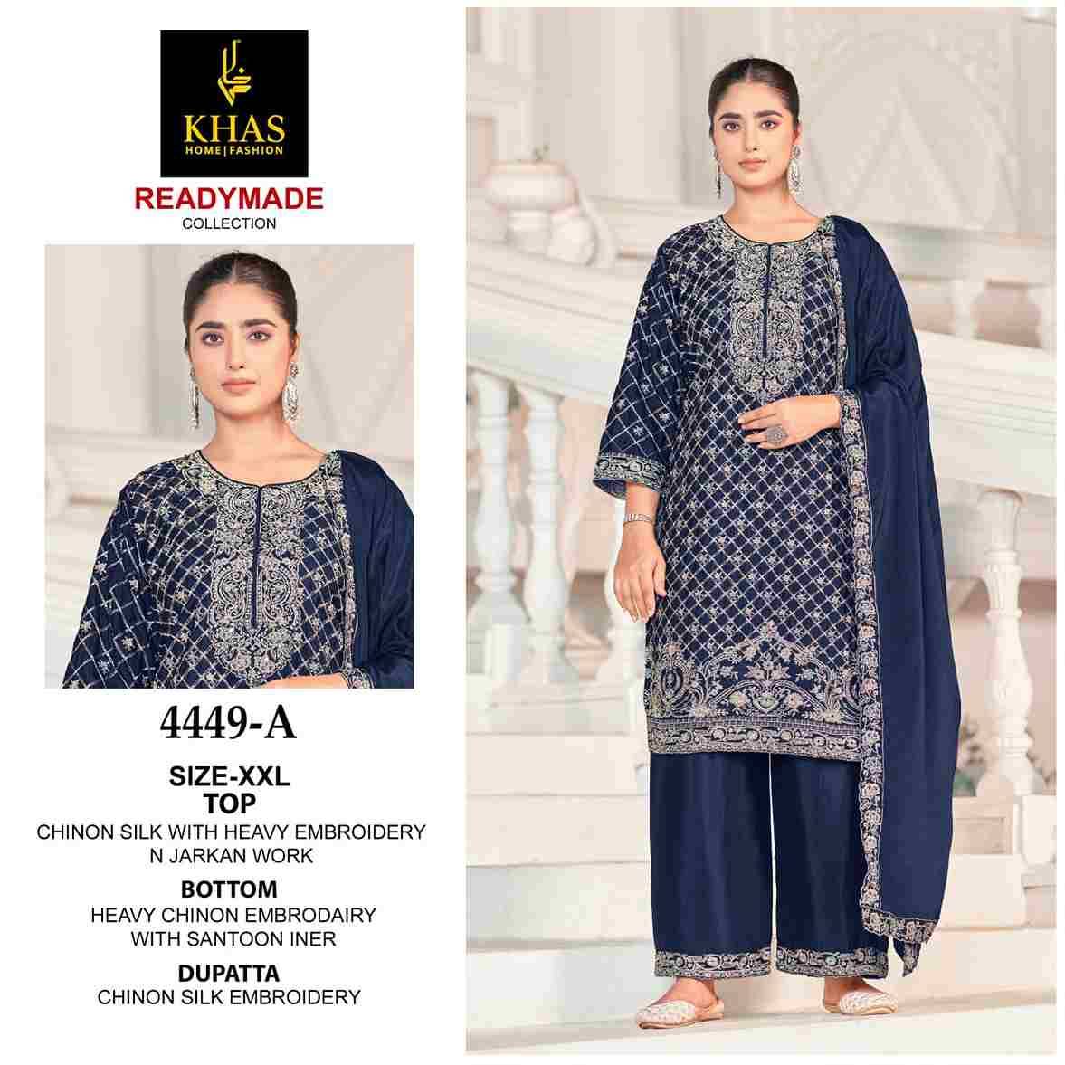 Khas 4449 Colours By Khas 4449-A To 4449-C Series Beautiful Pakistani Suits Colorful Stylish Fancy Casual Wear & Ethnic Wear Chinnon Silk Embroidered Dresses At Wholesale Price