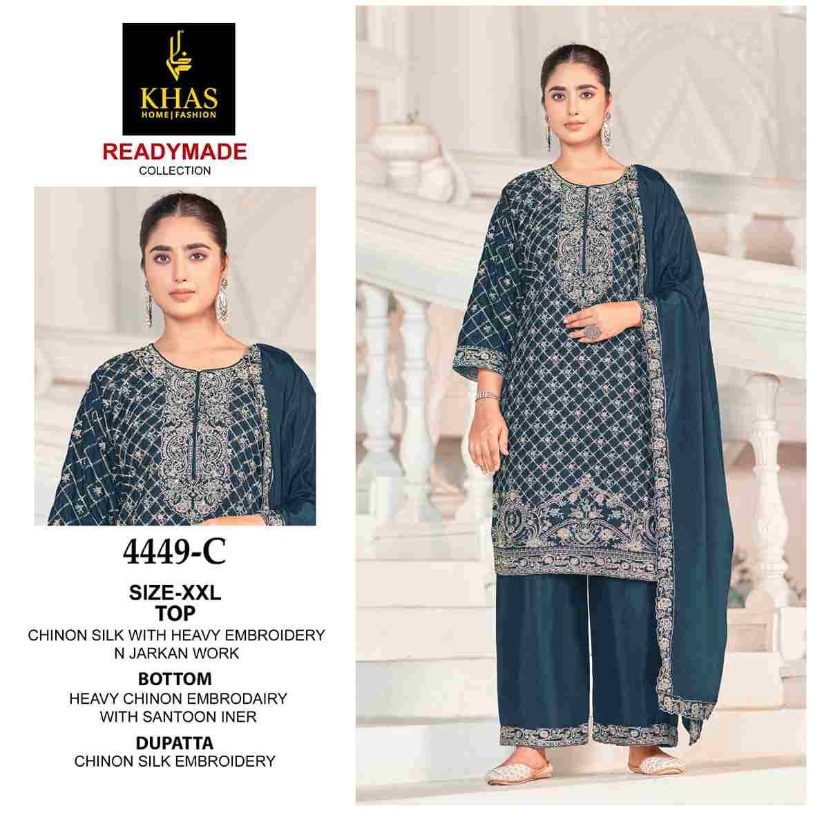 Khas 4449 Colours By Khas 4449-A To 4449-C Series Beautiful Pakistani Suits Colorful Stylish Fancy Casual Wear & Ethnic Wear Chinnon Silk Embroidered Dresses At Wholesale Price