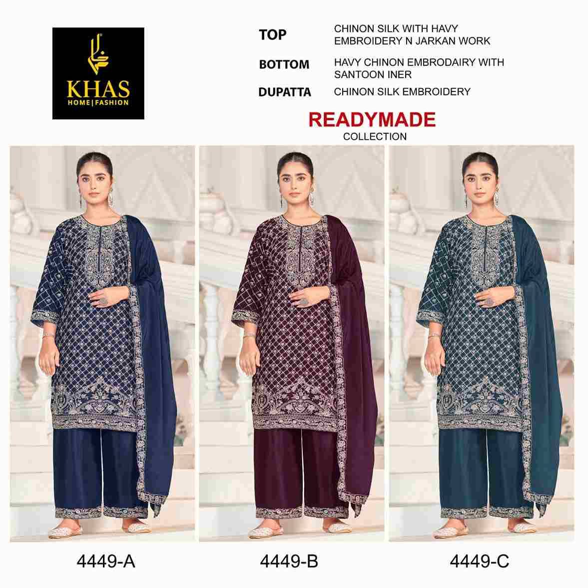 Khas 4449 Colours By Khas 4449-A To 4449-C Series Beautiful Pakistani Suits Colorful Stylish Fancy Casual Wear & Ethnic Wear Chinnon Silk Embroidered Dresses At Wholesale Price