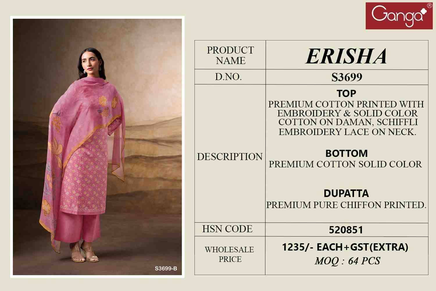Erisha-3699 By Ganga Fashion 3699-A To 3699-D Series Beautiful Festive Suits Colorful Stylish Fancy Casual Wear & Ethnic Wear Premium Cotton Dresses At Wholesale Price