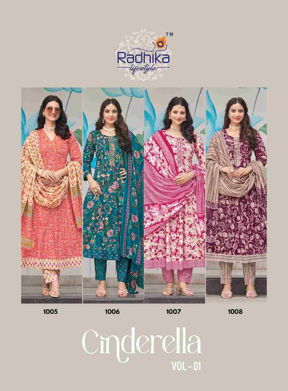 Cinderella Vol-1 By Radhika Lifestyle 1001 To 1008 Series Beautiful Festive Suits Colorful Stylish Fancy Casual Wear & Ethnic Wear Pure Cotton Dresses At Wholesale Price