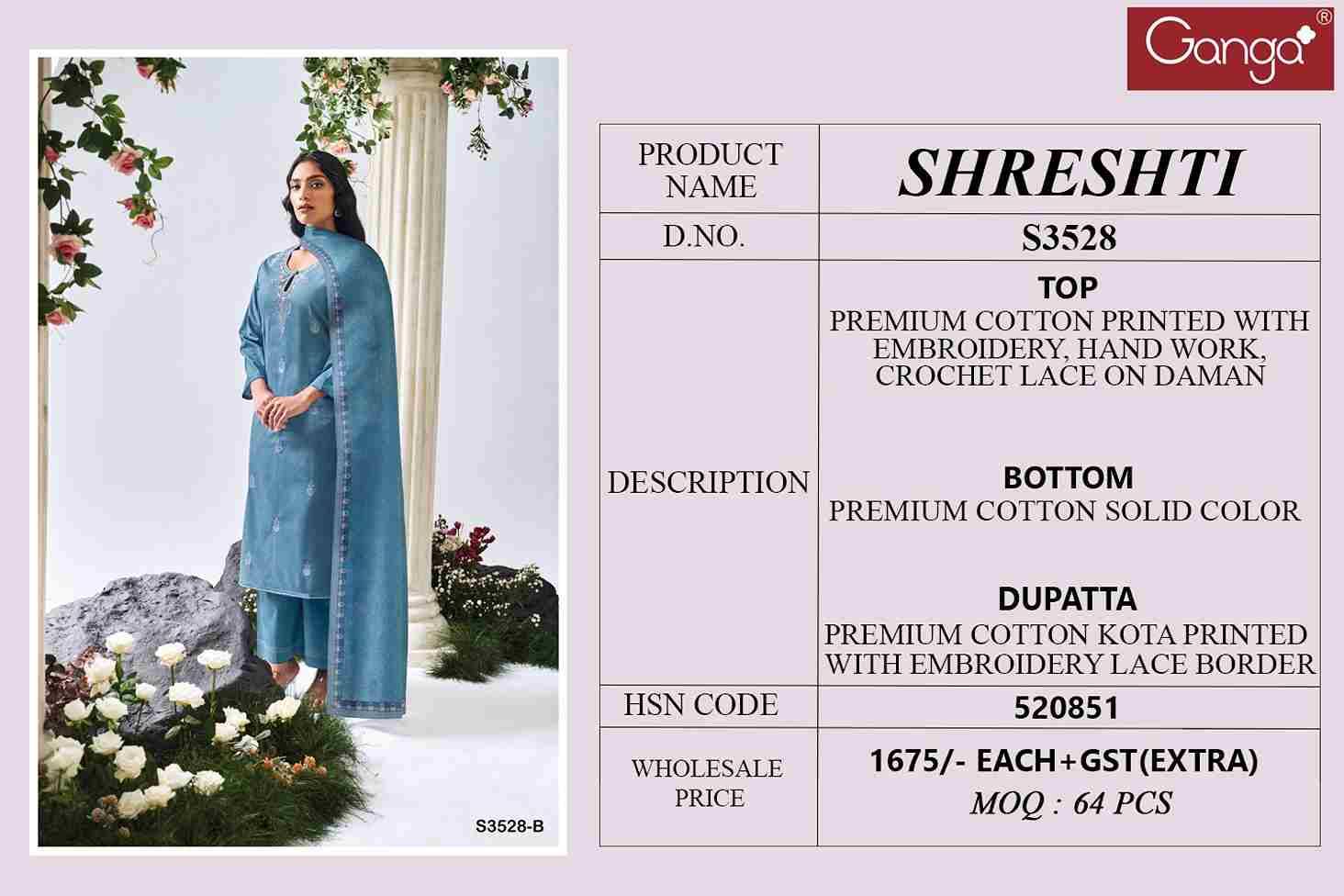 Shreshti-3528 By Ganga Fashion 3528-A To 3528-D Series Beautiful Festive Suits Colorful Stylish Fancy Casual Wear & Ethnic Wear Cotton Dresses At Wholesale Price
