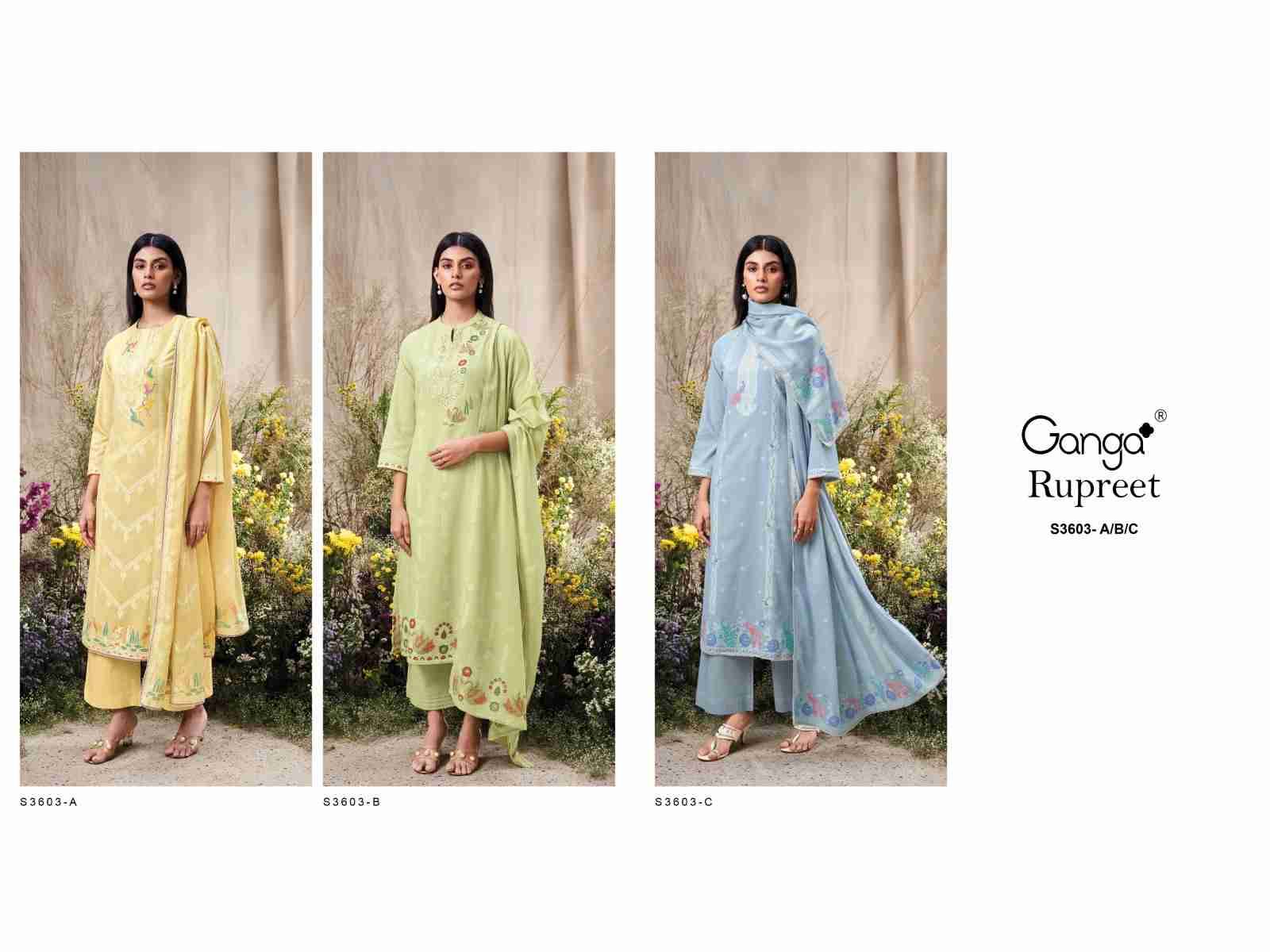 Rupreet-3603 By Ganga Fashion 3603-A To 3603-C Series Beautiful Festive Suits Colorful Stylish Fancy Casual Wear & Ethnic Wear Mal Cotton Jacqaurd Dresses At Wholesale Price