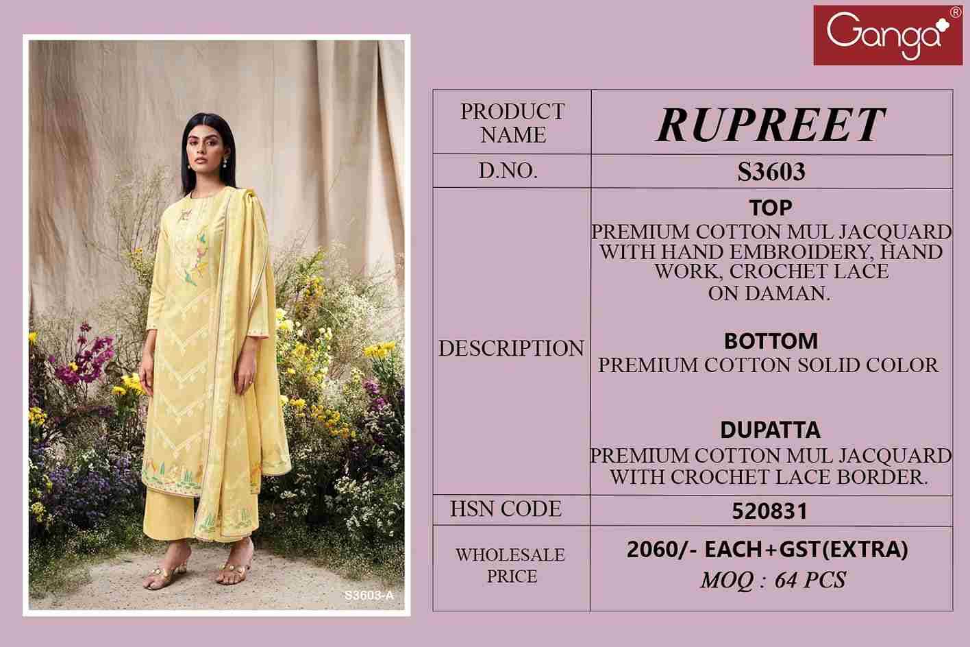 Rupreet-3603 By Ganga Fashion 3603-A To 3603-C Series Beautiful Festive Suits Colorful Stylish Fancy Casual Wear & Ethnic Wear Mal Cotton Jacqaurd Dresses At Wholesale Price