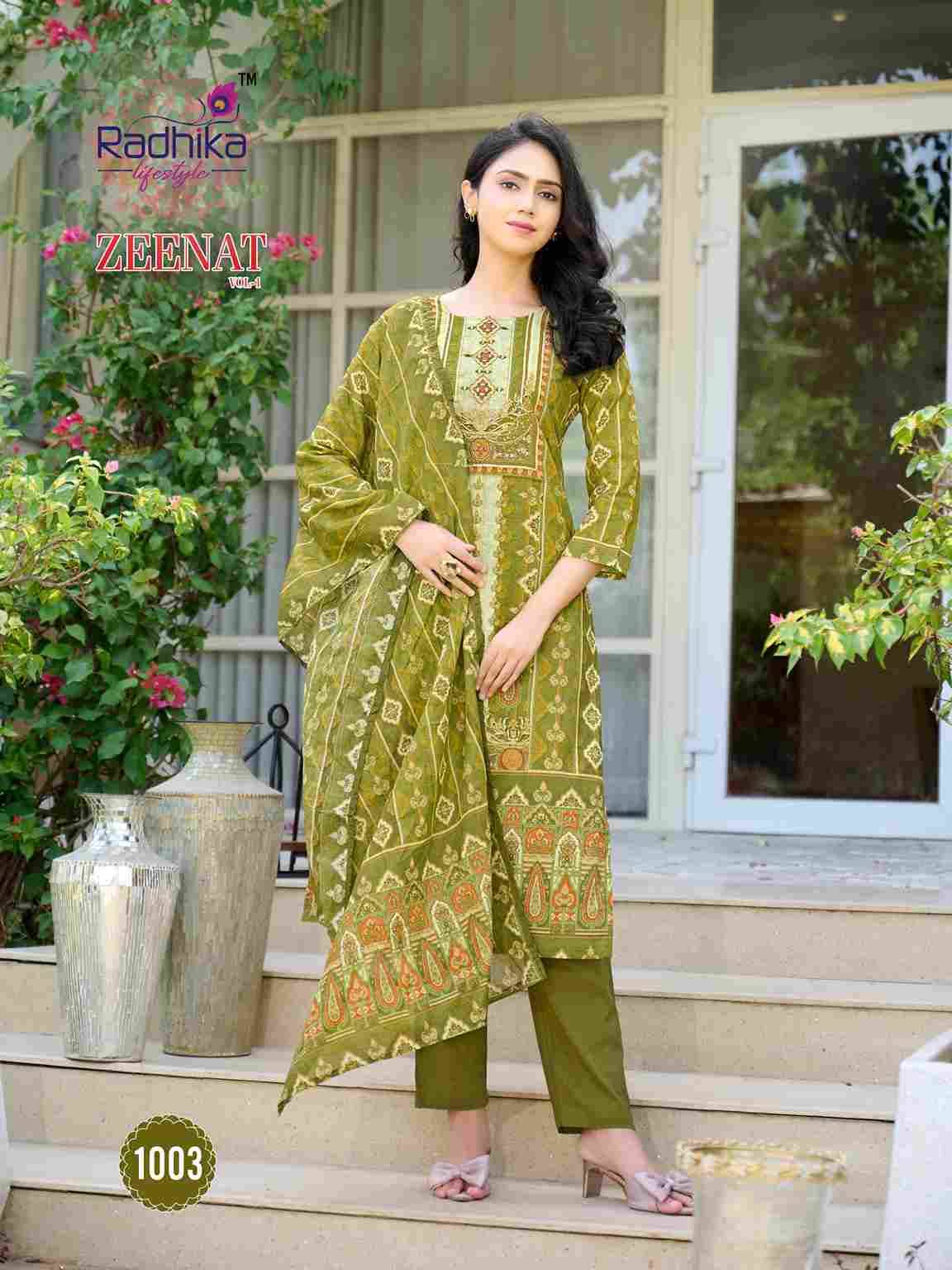 Zeenat Vol-1 By Radhika Lifestyle 1001 To 1007 Series Beautiful Festive Suits Colorful Stylish Fancy Casual Wear & Ethnic Wear Pure Cotton Dresses At Wholesale Price