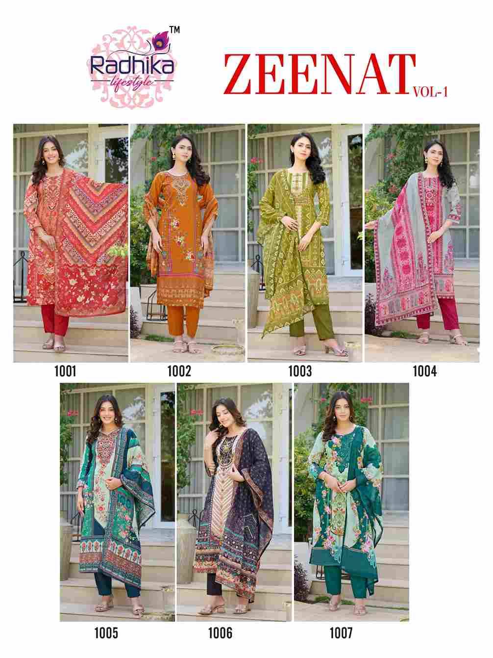 Zeenat Vol-1 By Radhika Lifestyle 1001 To 1007 Series Beautiful Festive Suits Colorful Stylish Fancy Casual Wear & Ethnic Wear Pure Cotton Dresses At Wholesale Price