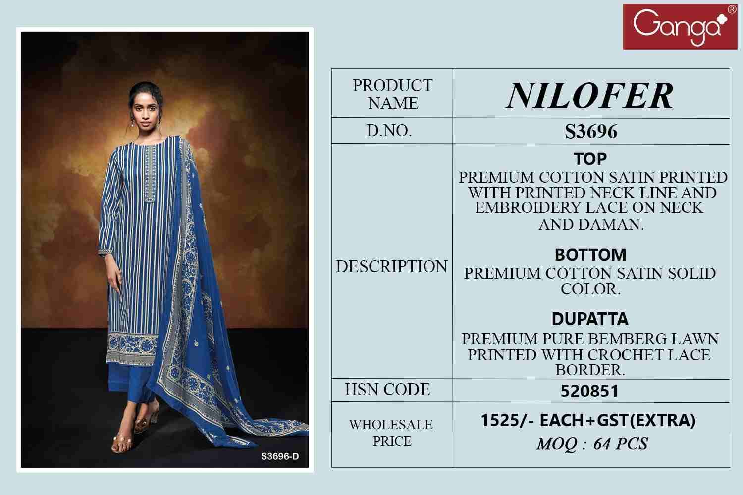Nilofer-3696 By Ganga Fashion 3696-A To 3696-D Series Beautiful Festive Suits Colorful Stylish Fancy Casual Wear & Ethnic Wear Premium Cotton Satin Dresses At Wholesale Price