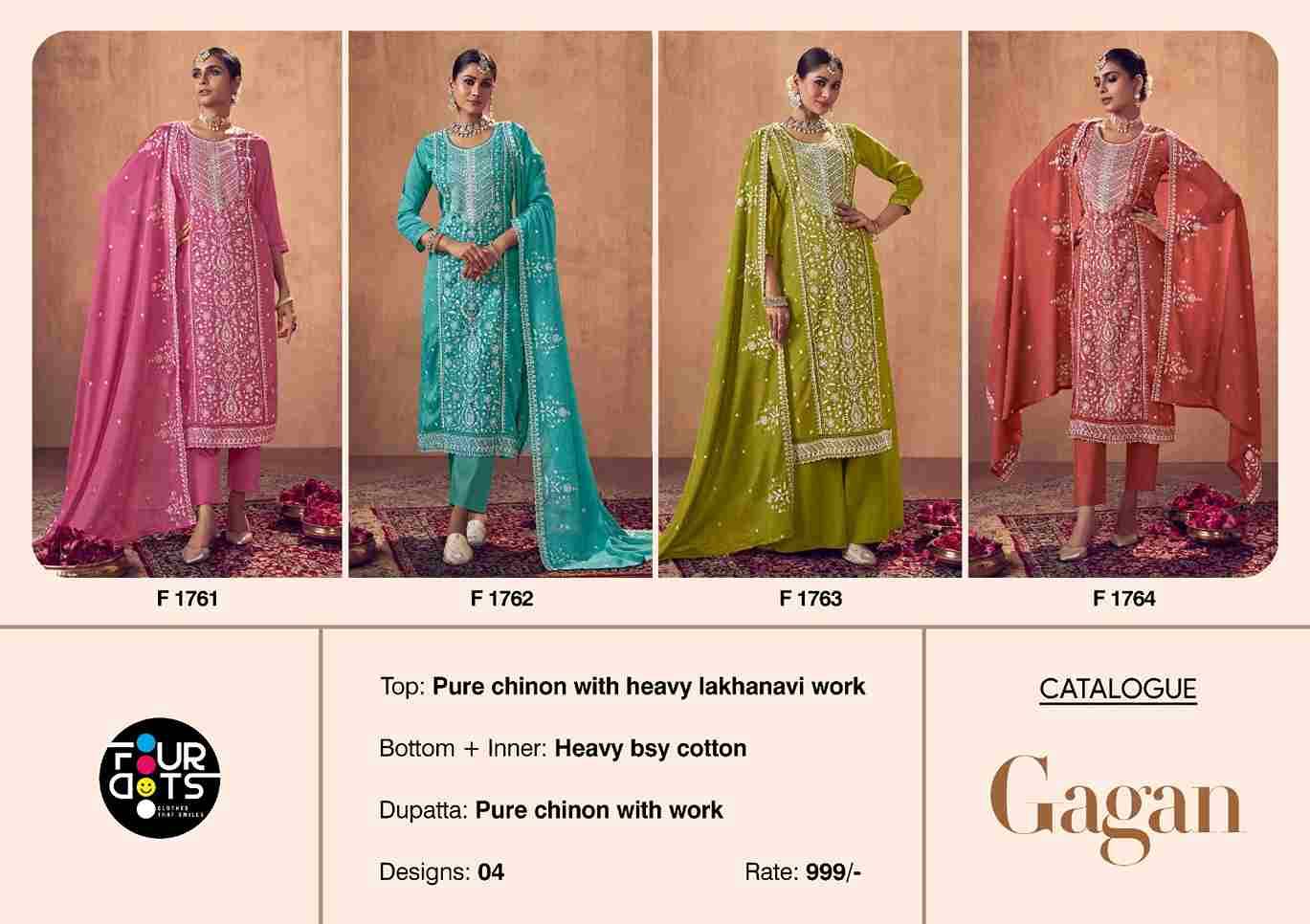 Gagan By Four Dots 1761 To 1764 Series Beautiful Festive Suits Colorful Stylish Fancy Casual Wear & Ethnic Wear Pure Chinnon Dresses At Wholesale Price