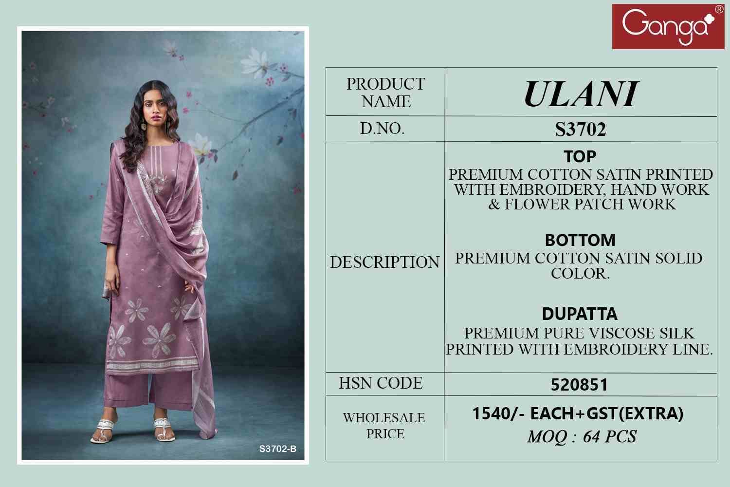 Ulani-3702 By Ganga Fashion 3702-A To 3702-D Series Beautiful Festive Suits Colorful Stylish Fancy Casual Wear & Ethnic Wear Premium Cotton Satin Dresses At Wholesale Price