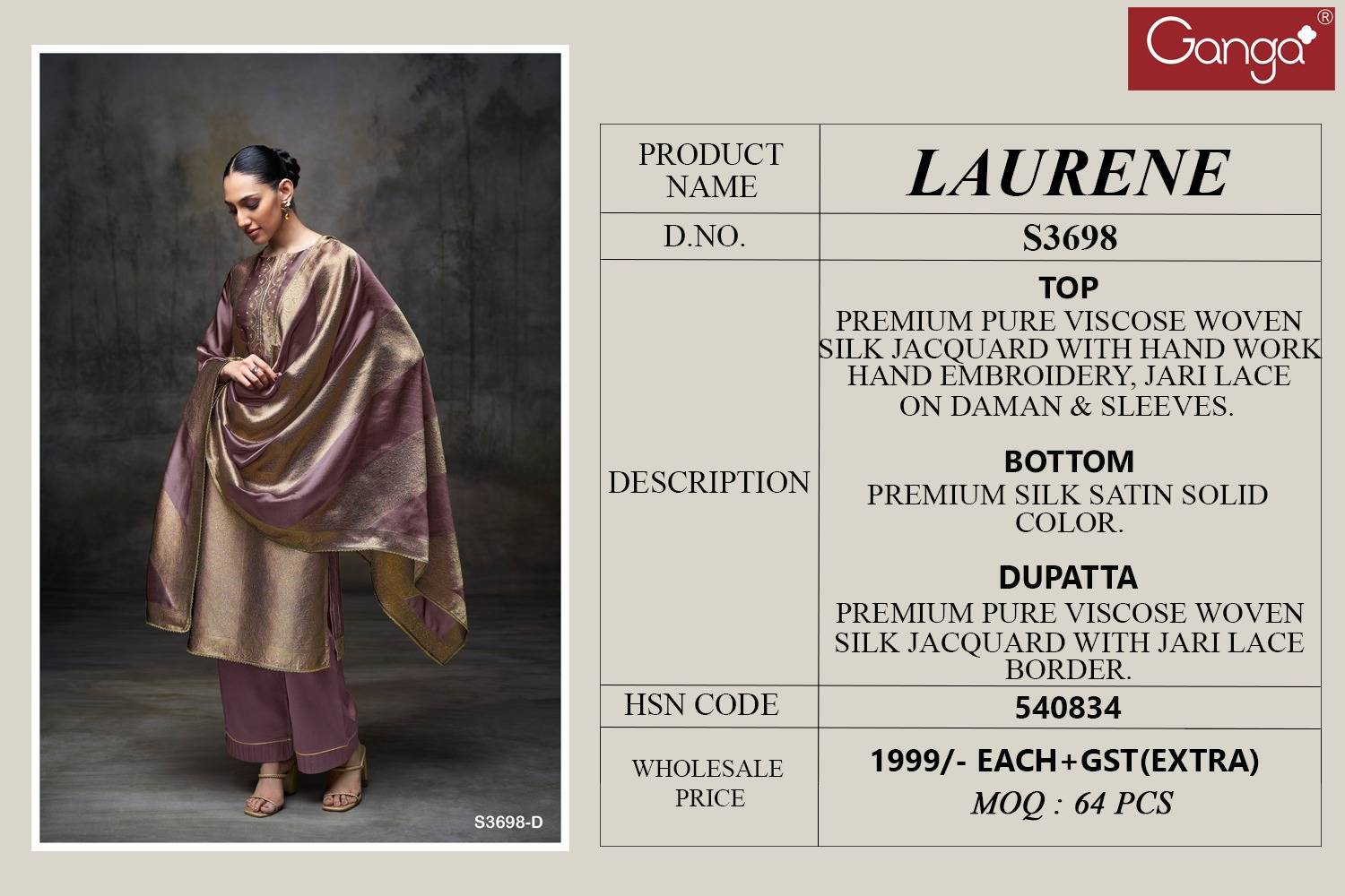 Laurene-3698 By Ganga Fashion 3698-A To 3698-D Series Beautiful Festive Suits Colorful Stylish Fancy Casual Wear & Ethnic Wear Pure Viscose Silk Jacquard Dresses At Wholesale Price