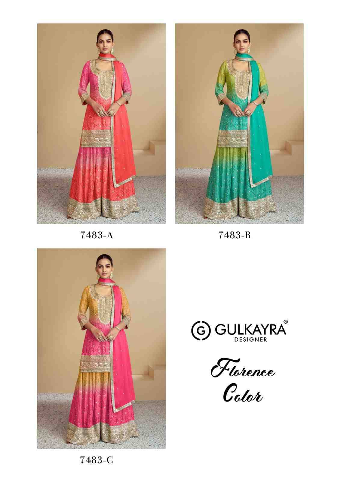 Florence Color By Gulkayra Designer 7483-A To 7483-C Series Beautiful Sharara Suits Colorful Stylish Fancy Casual Wear & Ethnic Wear Chinnon Dresses At Wholesale Price