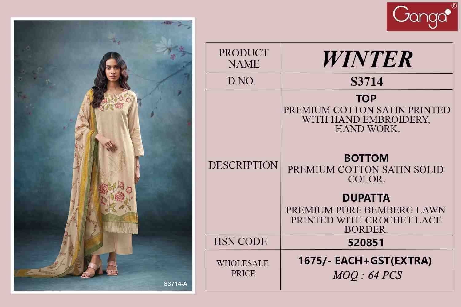 Winter-3714 By Ganga Fashion 3714-A To 3714-D Series Beautiful Festive Suits Colorful Stylish Fancy Casual Wear & Ethnic Wear Premium Cotton Satin Dresses At Wholesale Price