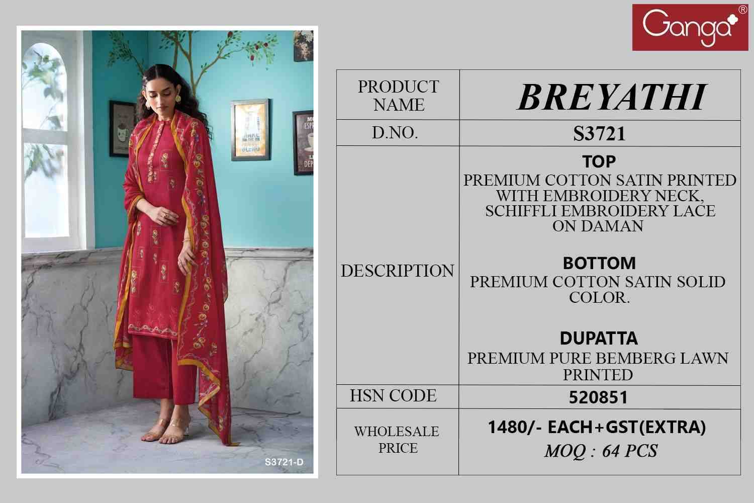 Breyathi-3721 By Ganga Fashion 3721-A To 3721-D Series Beautiful Festive Suits Colorful Stylish Fancy Casual Wear & Ethnic Wear Premium Cotton Satin Dresses At Wholesale Price