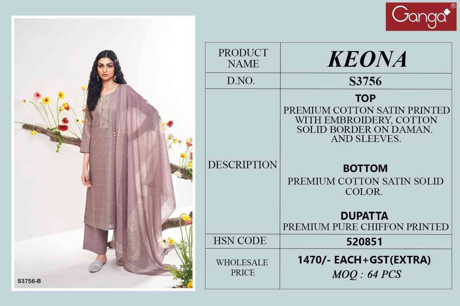Keona-3756 By Ganga Fashion 3756-A To 3756-D Series Beautiful Festive Suits Colorful Stylish Fancy Casual Wear & Ethnic Wear Premium Cotton Satin Dresses At Wholesale Price