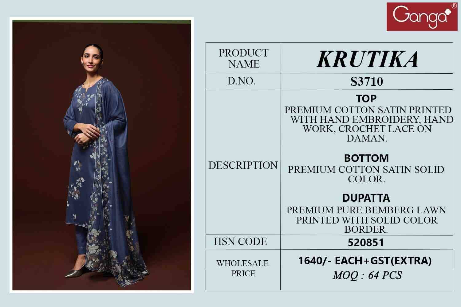 Krutika-3710 By Ganga Fashion 3710-A To 3710-B Series Beautiful Festive Suits Colorful Stylish Fancy Casual Wear & Ethnic Wear Premium Cotton Satin Dresses At Wholesale Price