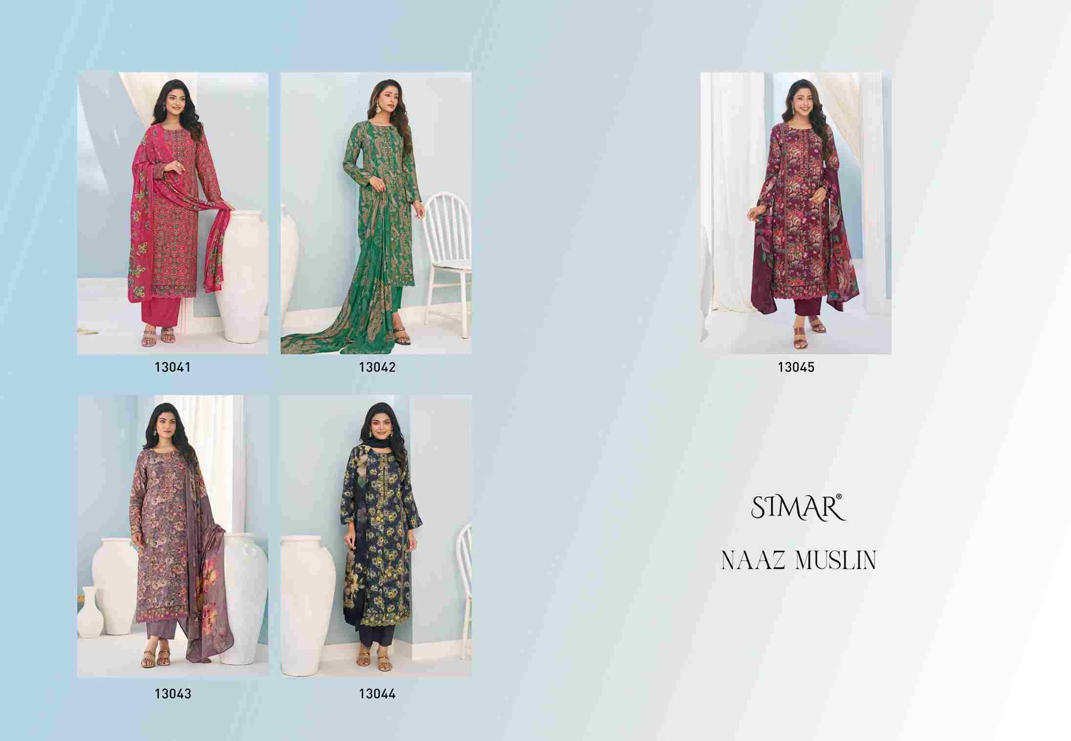 Naaz Muslin By Simar 13041 To 13045 Series Designer Festive Suits Beautiful Stylish Fancy Colorful Party Wear & Occasional Wear Pure Viscose Muslin Dresses At Wholesale Price