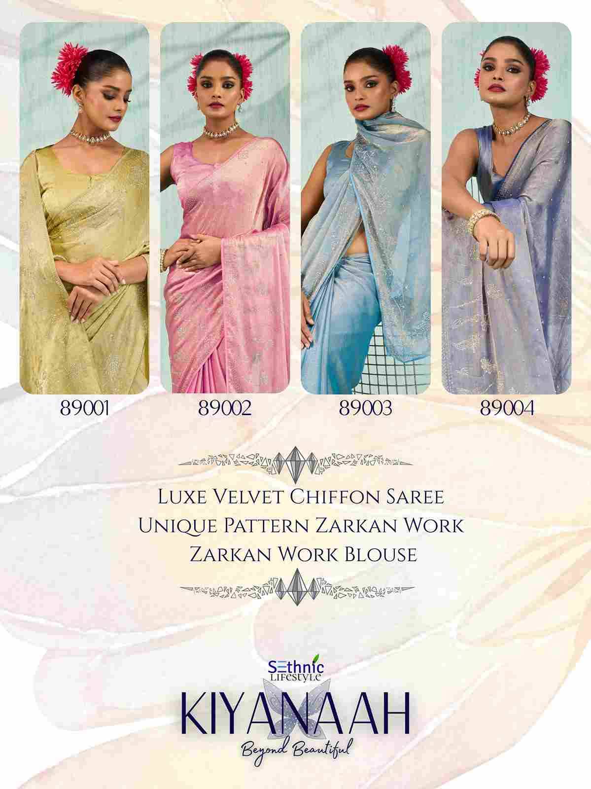 Kiyanaah By Sethnic 89001 To 89004 Series Indian Traditional Wear Collection Beautiful Stylish Fancy Colorful Party Wear & Occasional Wear Velvet Chiffon Sarees At Wholesale Price