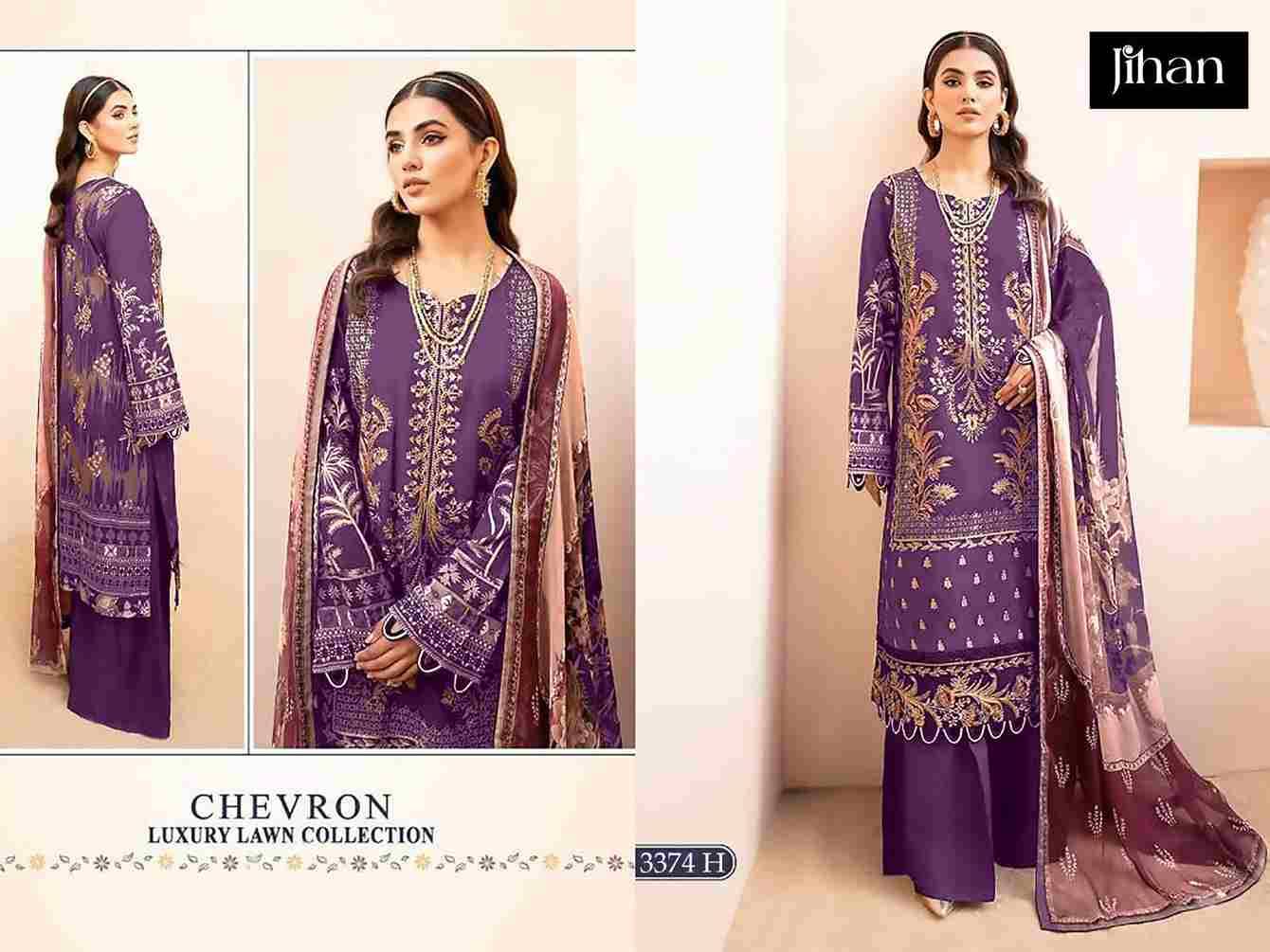 Chevron 3374 Colours Vol-3 By Jihan 3374-H To 3374-J Series Designer Pakistani Suits Beautiful Fancy Stylish Colorful Party Wear & Occasional Wear Pure Lawn Cotton Dresses At Wholesale Price