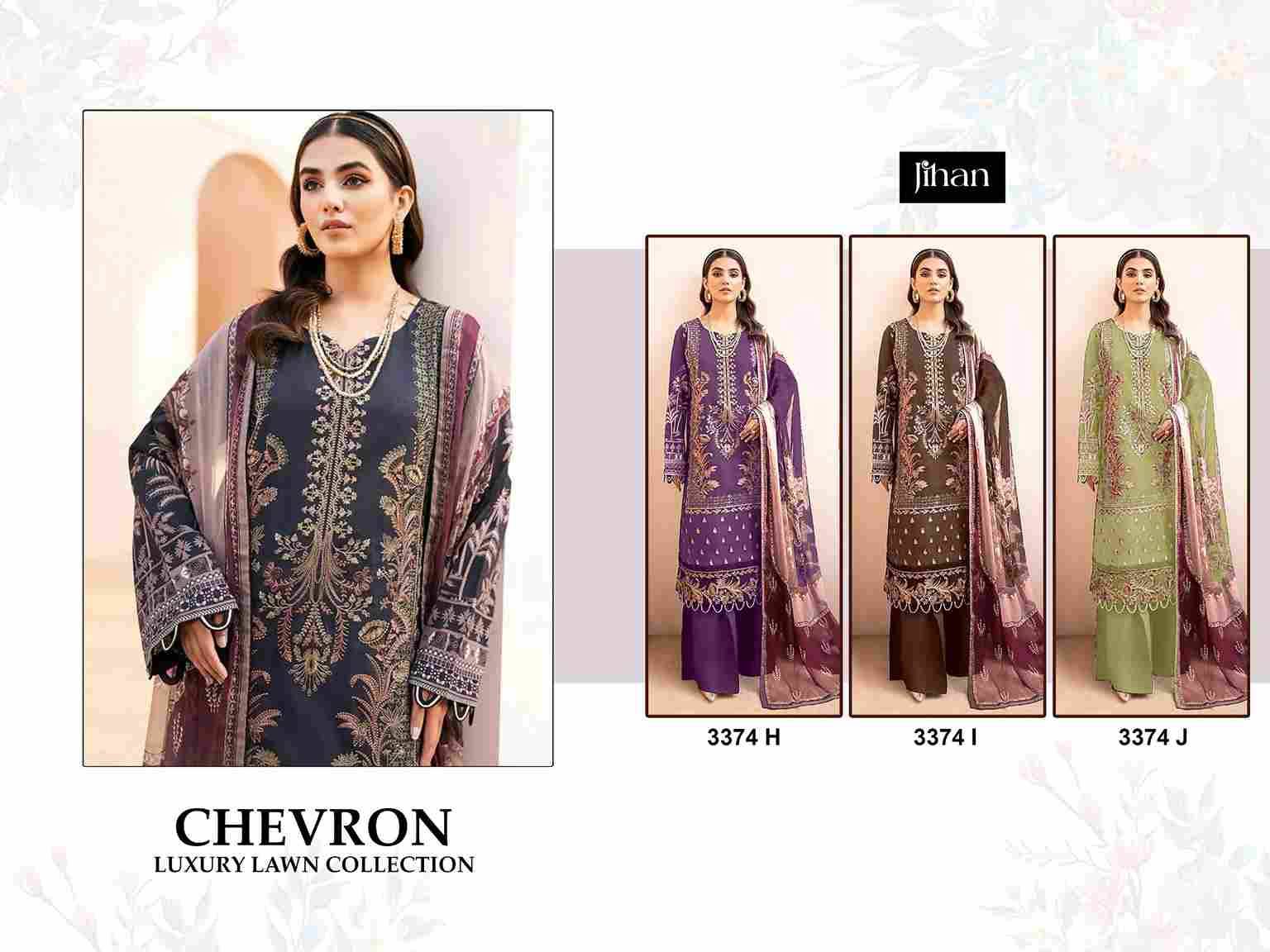 Chevron 3374 Colours Vol-3 By Jihan 3374-H To 3374-J Series Designer Pakistani Suits Beautiful Fancy Stylish Colorful Party Wear & Occasional Wear Pure Lawn Cotton Dresses At Wholesale Price