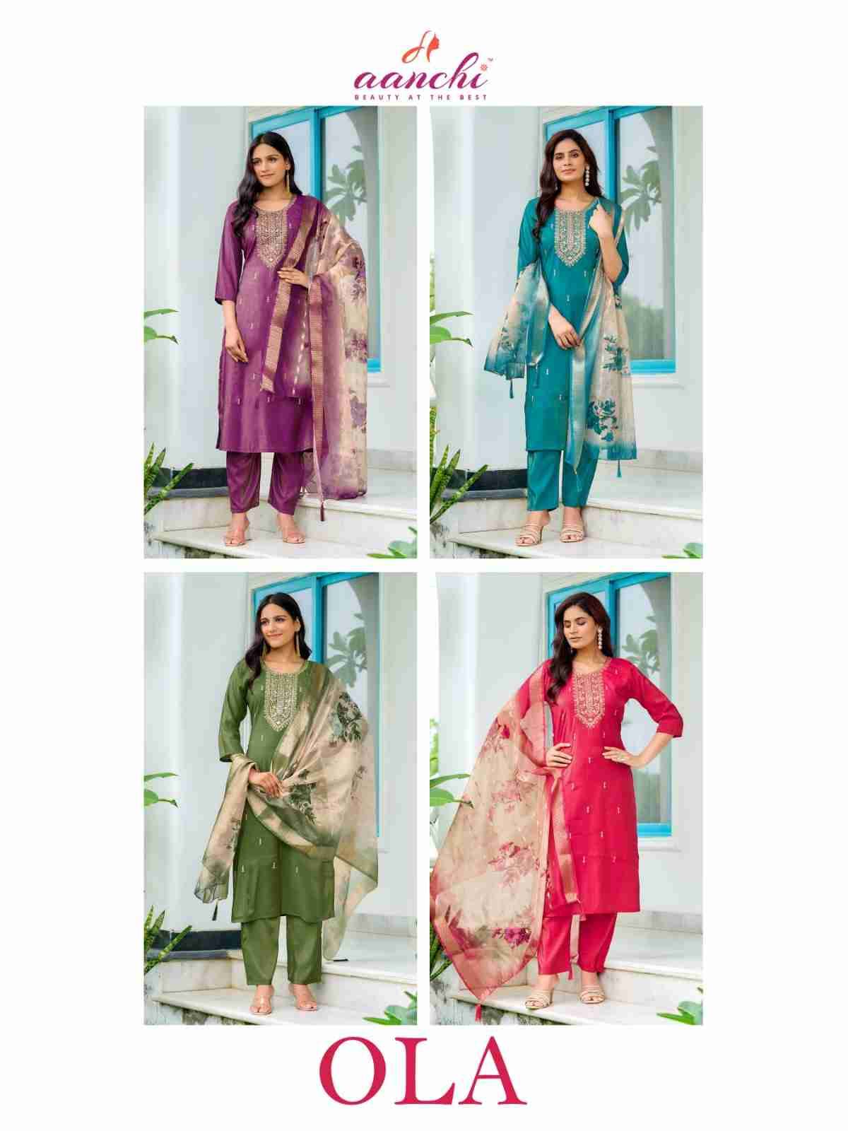 Ola By Aanchi 101 To 104 Series Beautiful Suits Colorful Stylish Fancy Casual Wear & Ethnic Wear Roman Shimmer Dresses At Wholesale Price