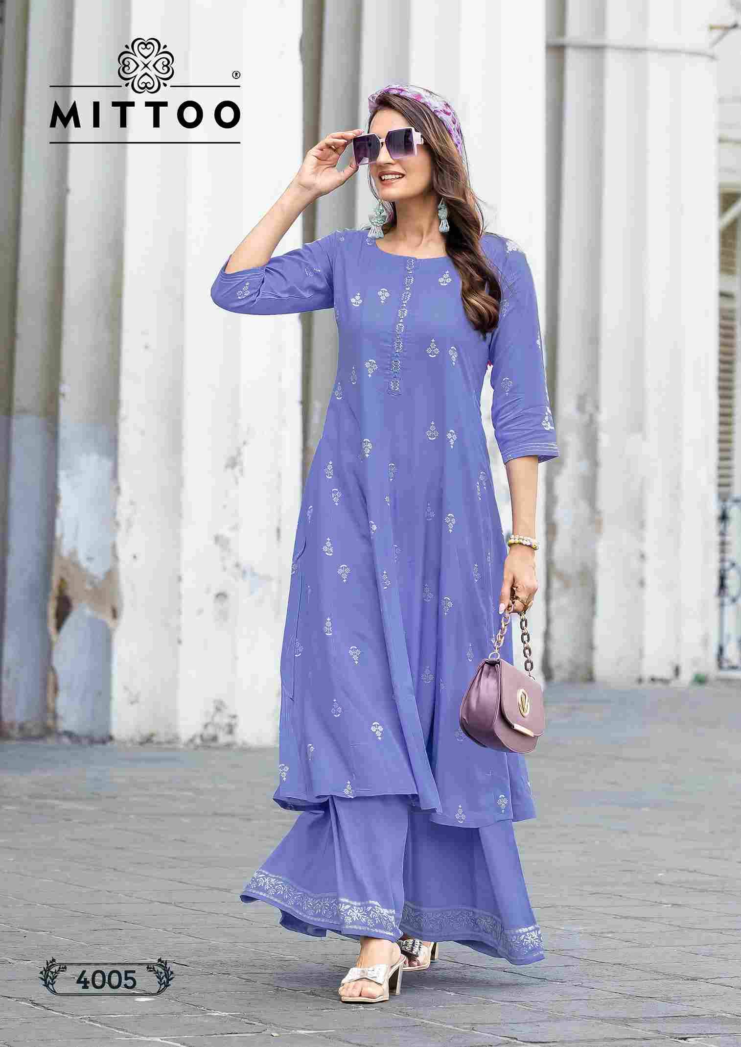 Toral By Mittoo 4001 To 4005 Series Designer Stylish Fancy Colorful Beautiful Party Wear & Ethnic Wear Collection Rayon Print Kurtis With Bottom At Wholesale Price