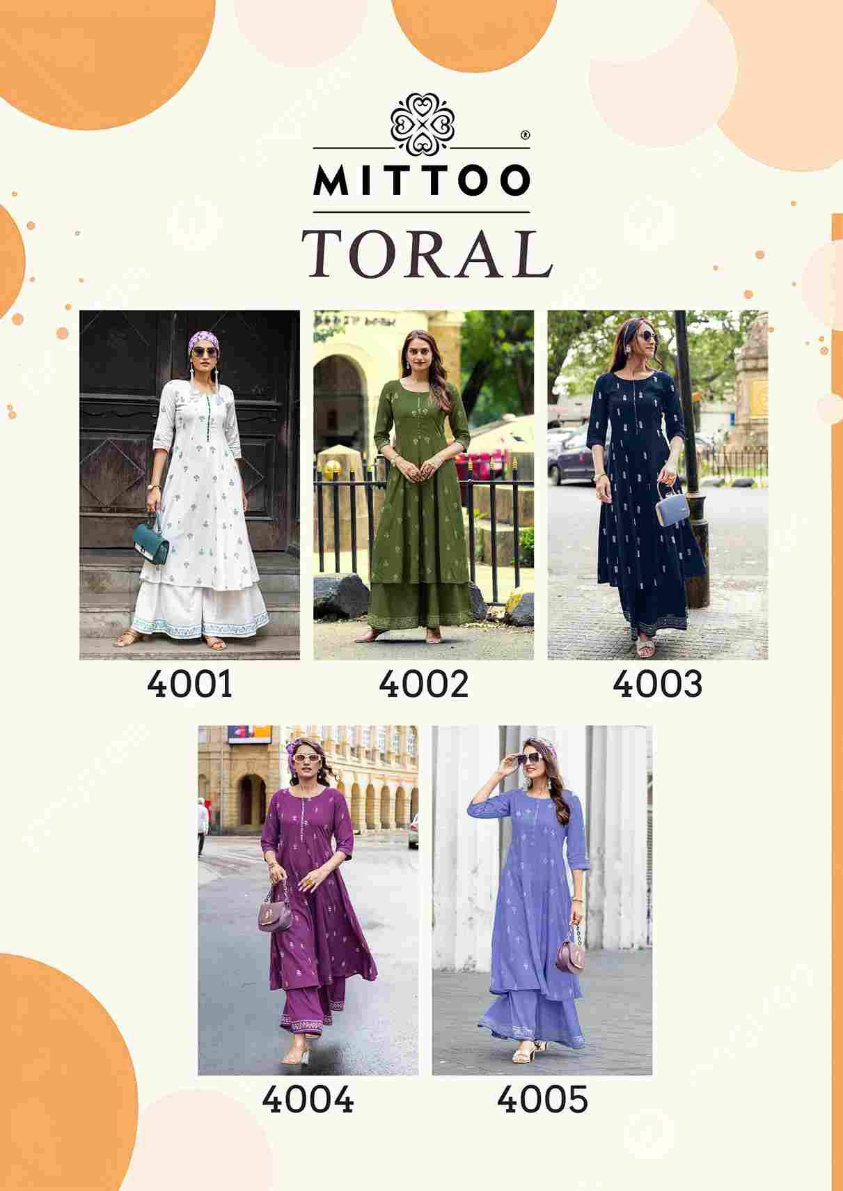 Toral By Mittoo 4001 To 4005 Series Designer Stylish Fancy Colorful Beautiful Party Wear & Ethnic Wear Collection Rayon Print Kurtis With Bottom At Wholesale Price
