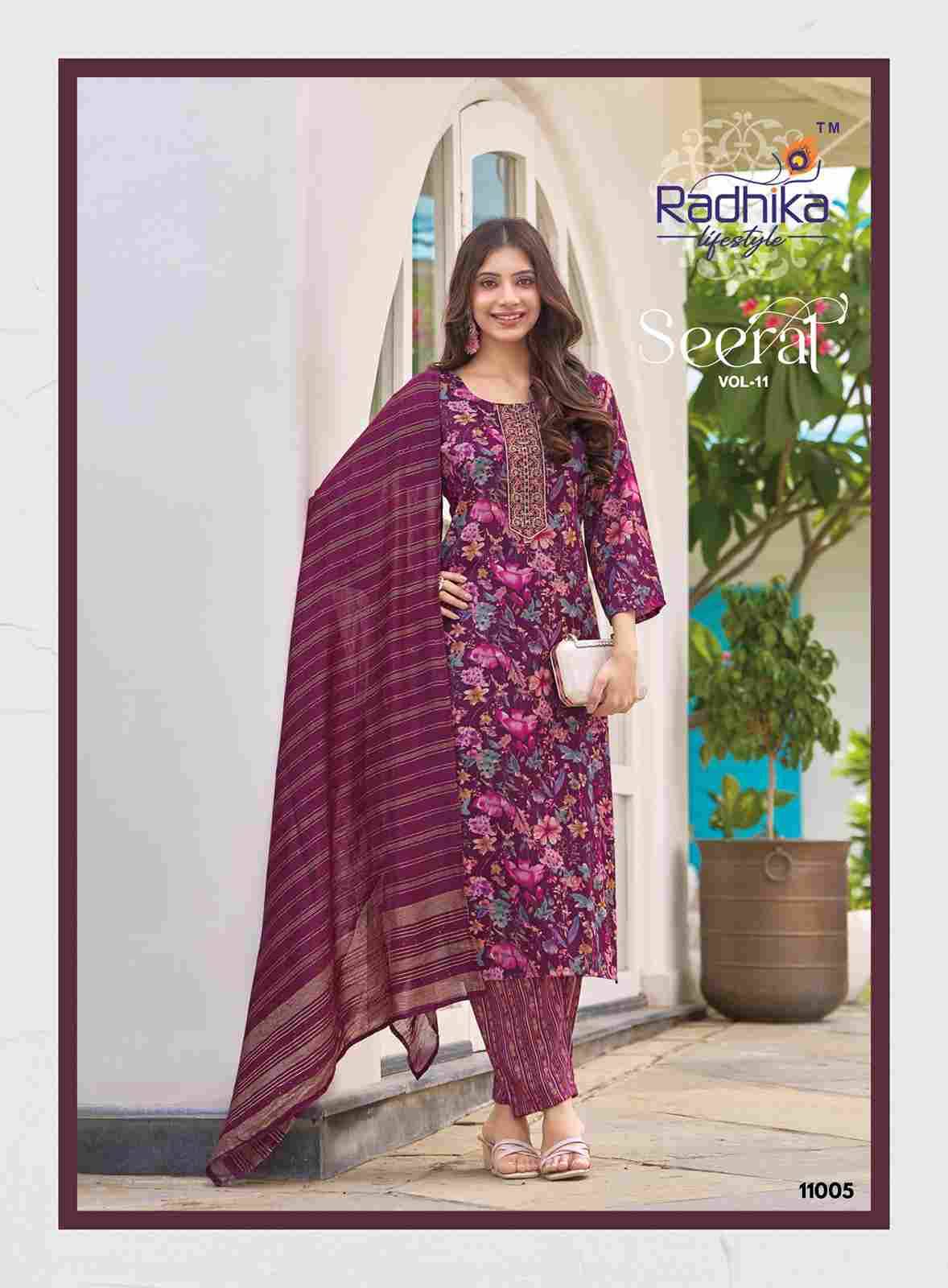 Seerat Vol-11 By Radhika Lifestyle 11001 To 11008 Series Designer Stylish Fancy Colorful Beautiful Party Wear & Ethnic Wear Collection Rayon Foil Print Dresses At Wholesale Price
