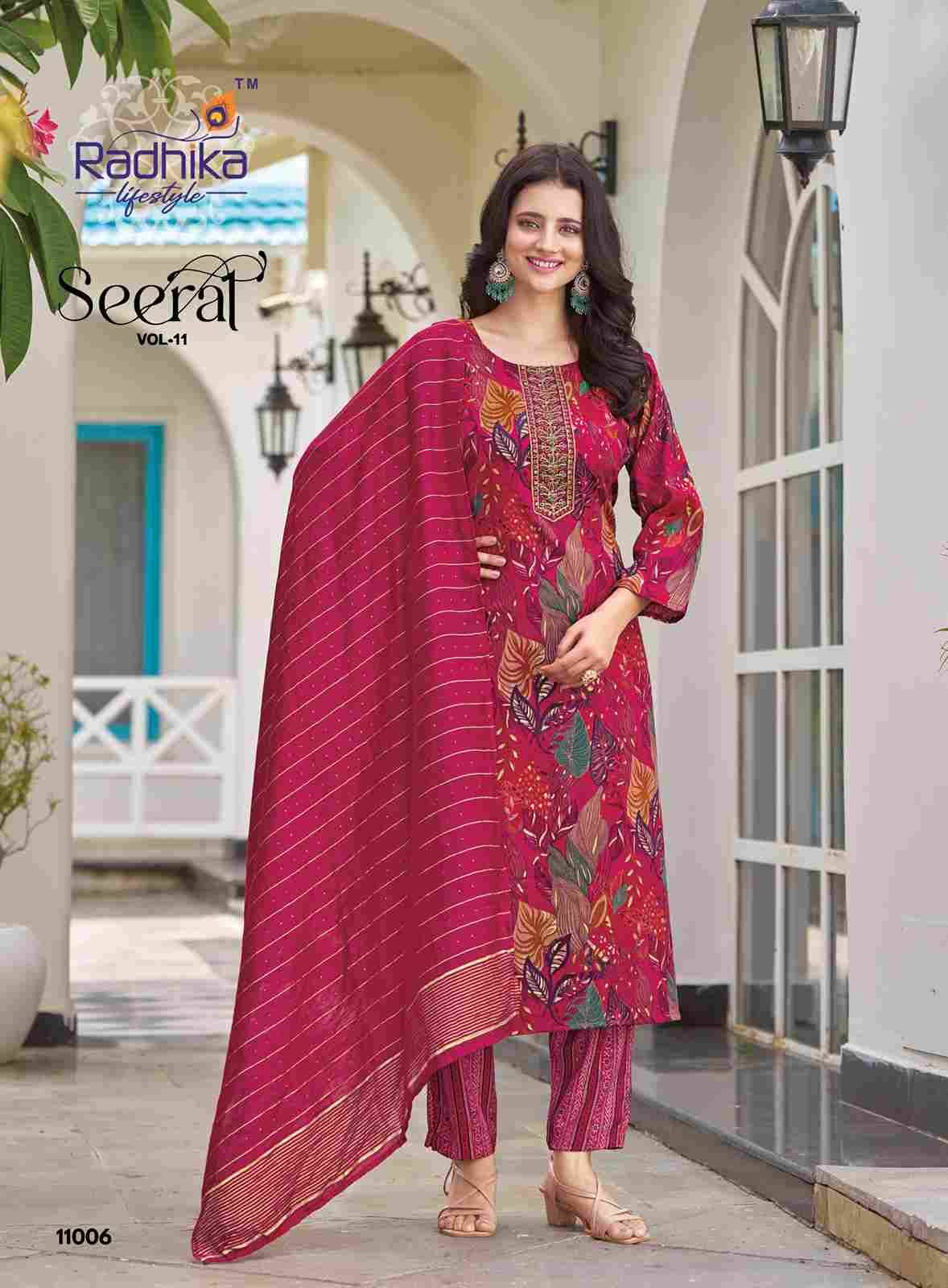 Seerat Vol-11 By Radhika Lifestyle 11001 To 11008 Series Designer Stylish Fancy Colorful Beautiful Party Wear & Ethnic Wear Collection Rayon Foil Print Dresses At Wholesale Price