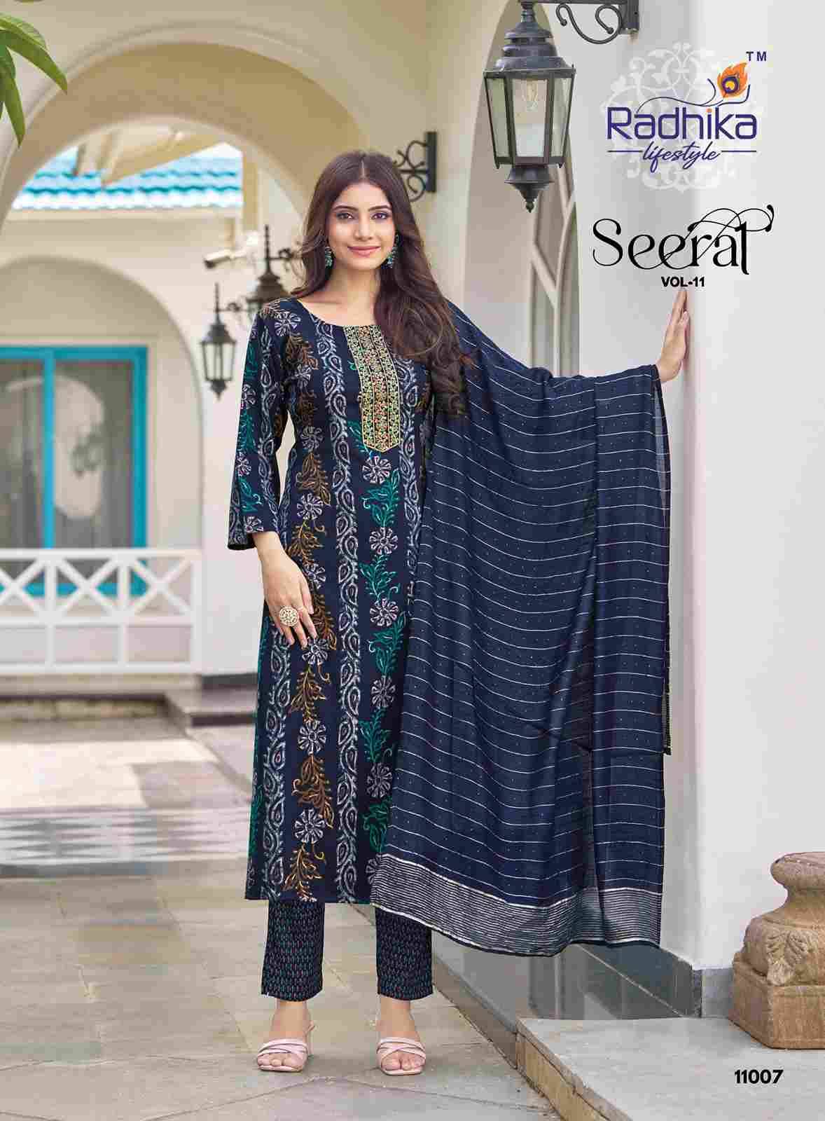 Seerat Vol-11 By Radhika Lifestyle 11001 To 11008 Series Designer Stylish Fancy Colorful Beautiful Party Wear & Ethnic Wear Collection Rayon Foil Print Dresses At Wholesale Price