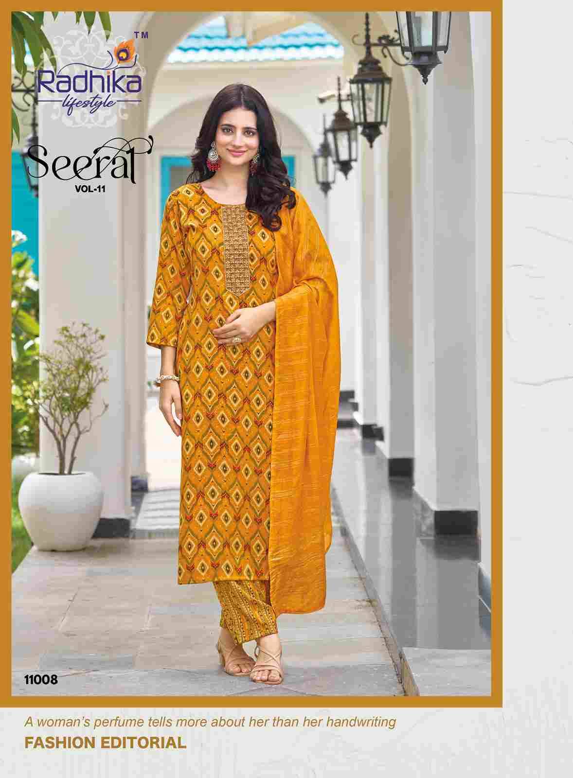 Seerat Vol-11 By Radhika Lifestyle 11001 To 11008 Series Designer Stylish Fancy Colorful Beautiful Party Wear & Ethnic Wear Collection Rayon Foil Print Dresses At Wholesale Price
