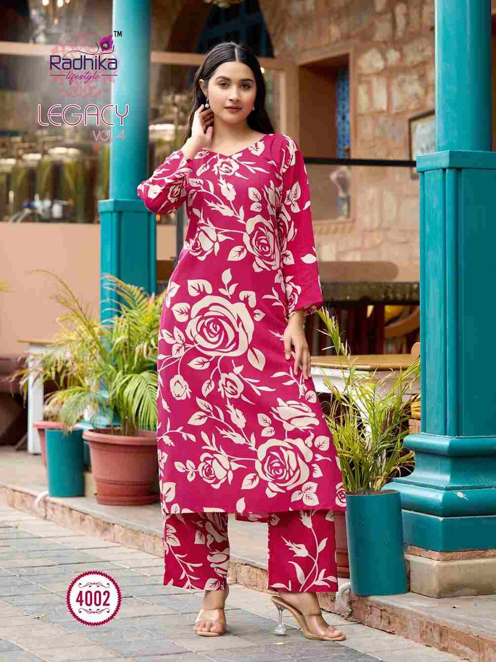 Legacy Vol-4 By Radhika Lifestyle 4001 To 4008 Series Designer Stylish Fancy Colorful Beautiful Party Wear & Ethnic Wear Collection Heavy Rayon Co-Ord At Wholesale Price