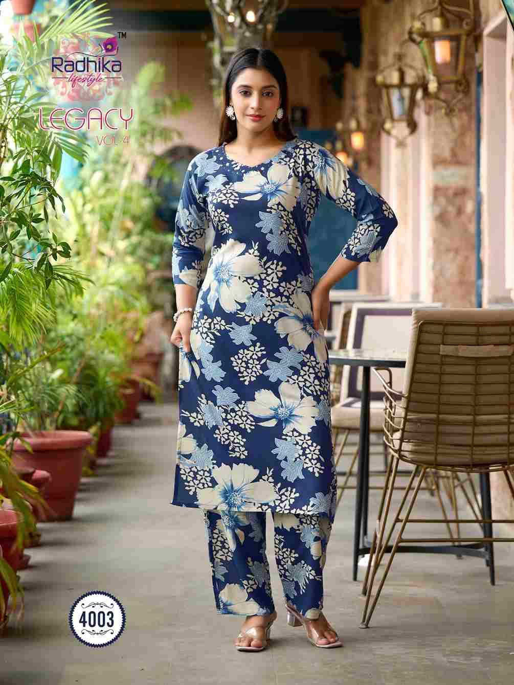 Legacy Vol-4 By Radhika Lifestyle 4001 To 4008 Series Designer Stylish Fancy Colorful Beautiful Party Wear & Ethnic Wear Collection Heavy Rayon Co-Ord At Wholesale Price